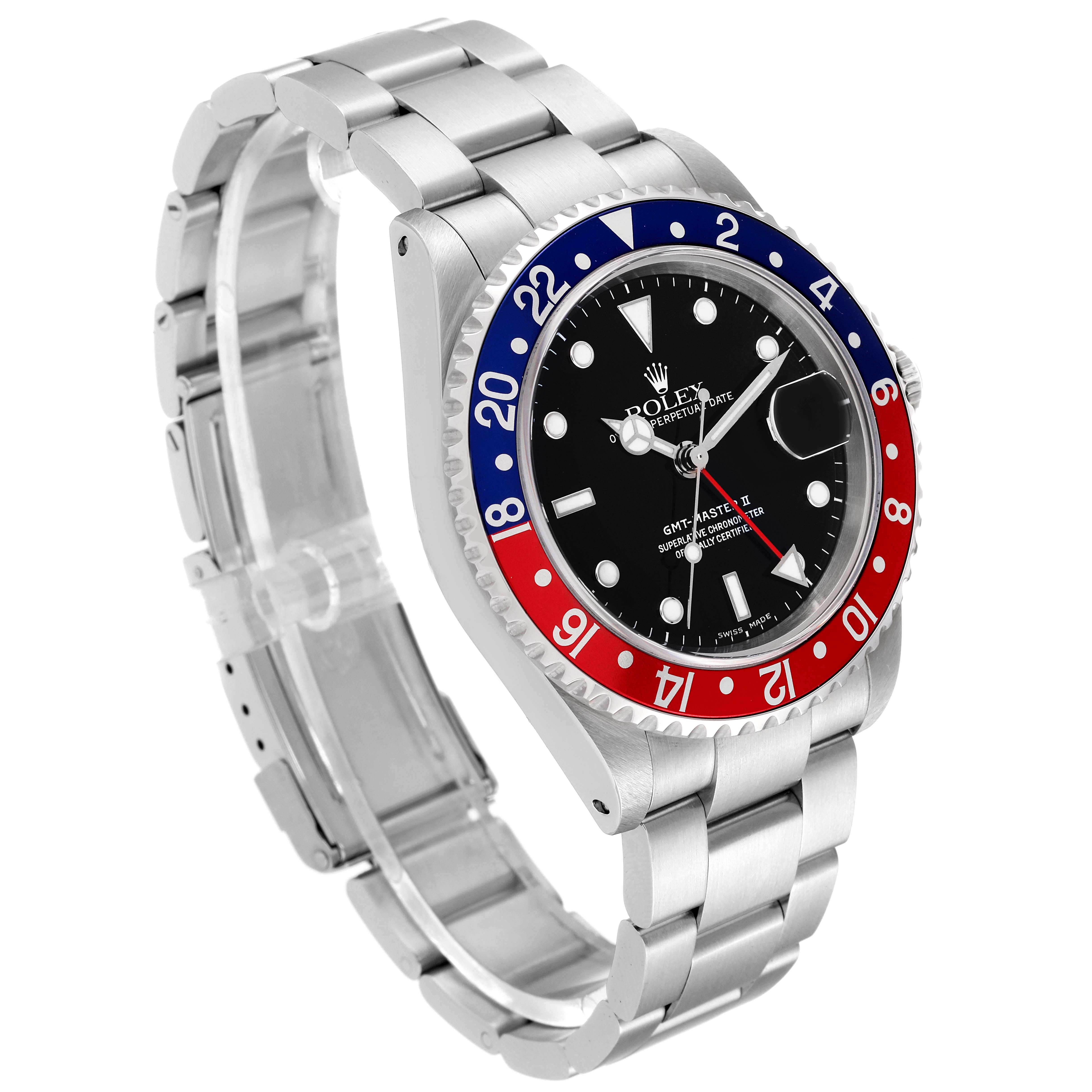 The image shows a Rolex GMT-Master 16710 Men
s Stainless Steel Black Dial 16710 Men
s Stainless Steel Black Dial watch at a three-quarter angle, highlighting the bezel, dial, and bracelet.