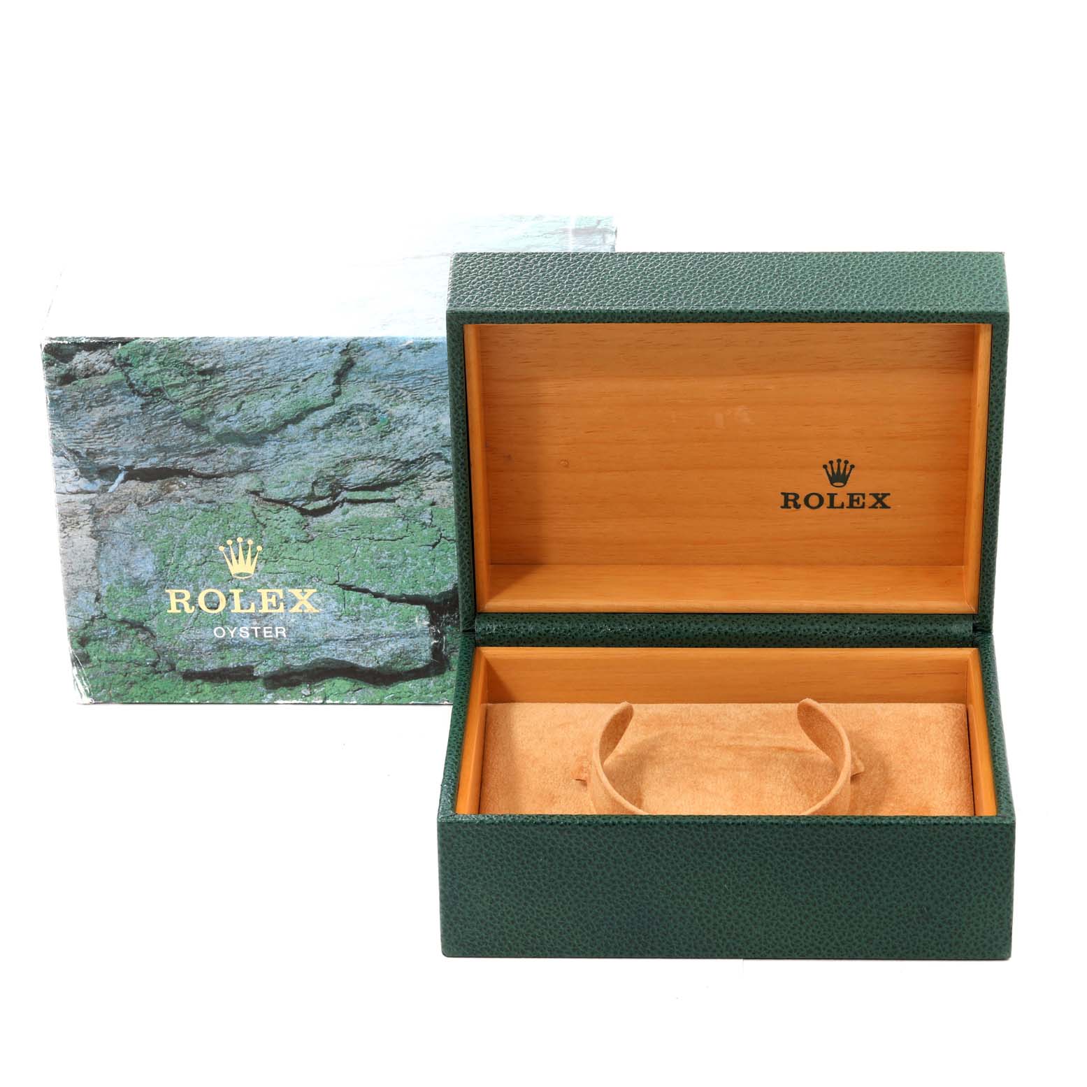 The image shows an open Rolex GMT-Master 16710 Men
s Stainless Steel Black Dial 16710 Men
s Stainless Steel Black Dial watch box, revealing the interior with "Rolex" branding and a watch holder.