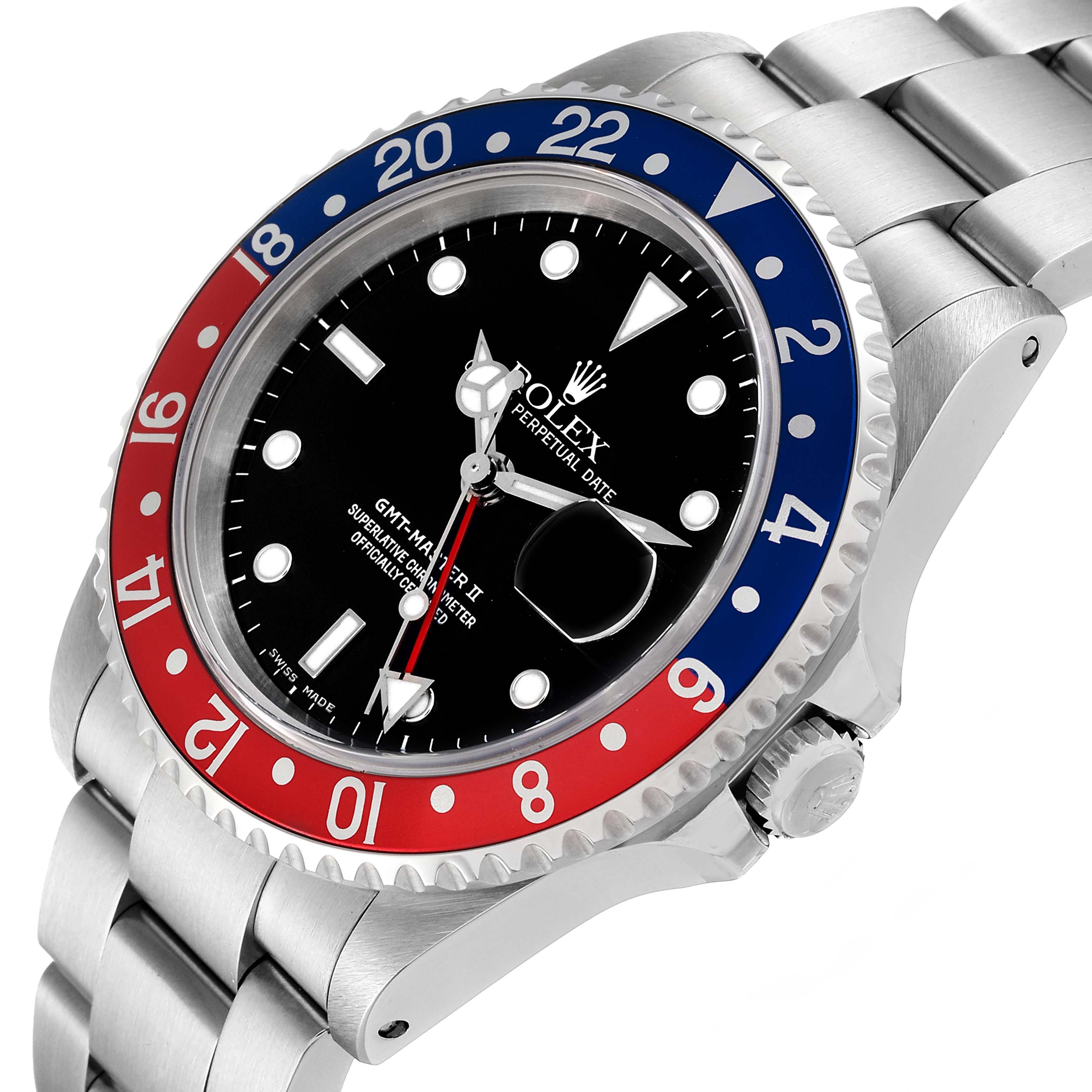 The Rolex GMT-Master 16710 Men
s Stainless Steel Black Dial 16710 Men
s Stainless Steel Black Dial watch is shown from an angled side view, displaying its bezel, dial, and bracelet.