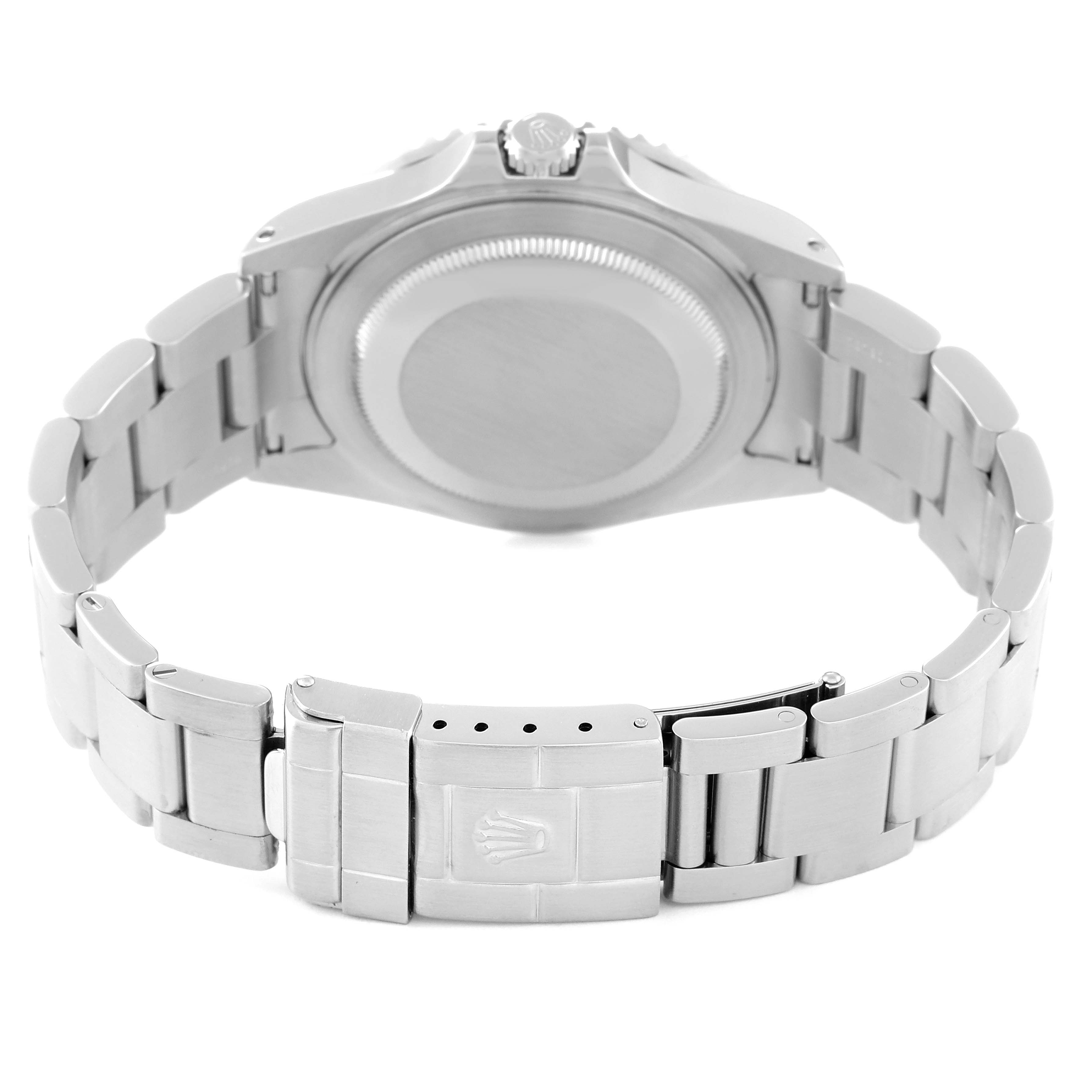 The image shows the back casing and clasp of a Rolex GMT-Master 16710 Men
s Stainless Steel Black Dial 16710 Men
s Stainless Steel Black Dial watch from a rear angle.