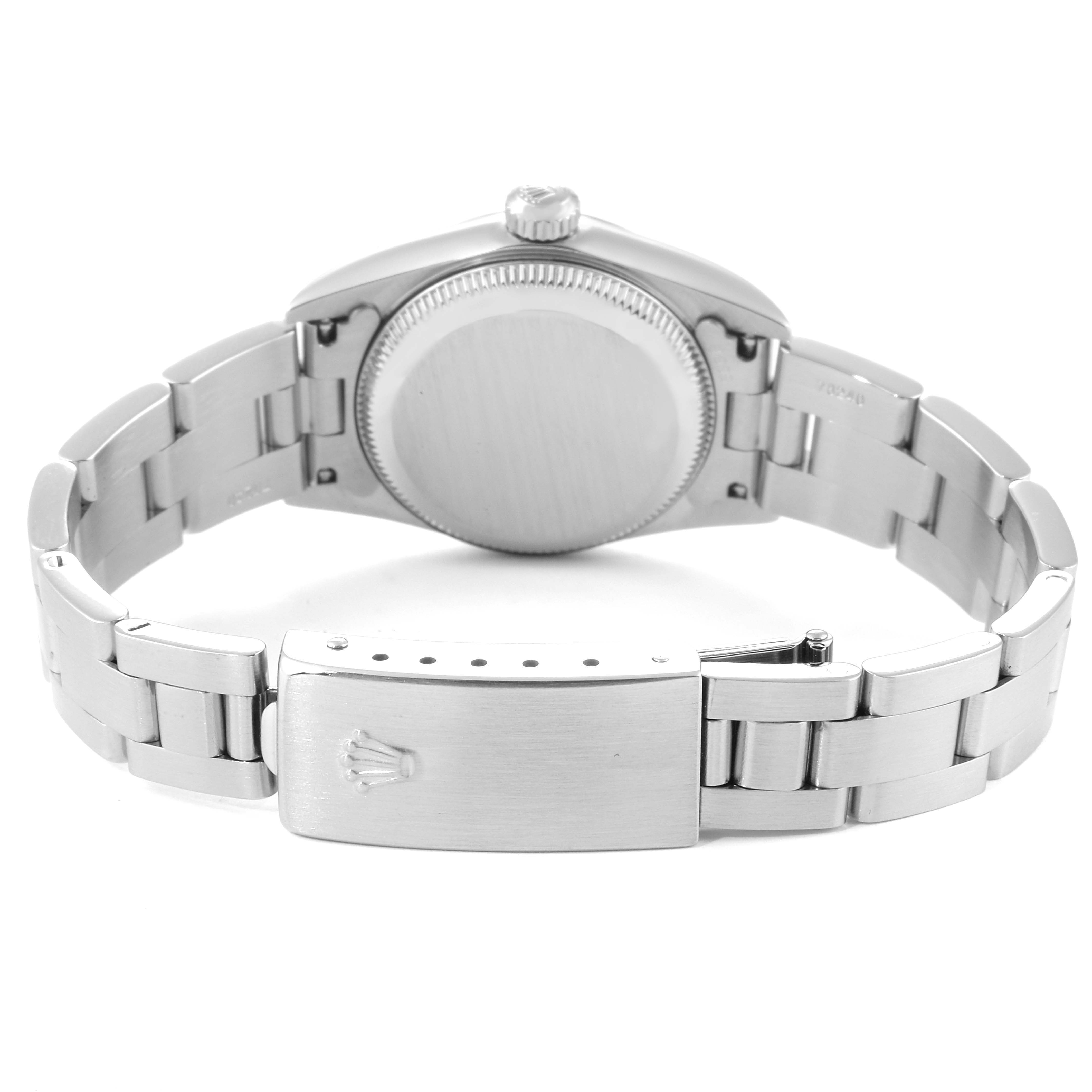 This image shows the back view of a Rolex Oyster Perpetual 76080 Women's Stainless Steel Black Dial 76080 Women's Stainless Steel Black Dial watch and its metal bracelet, including the clasp.