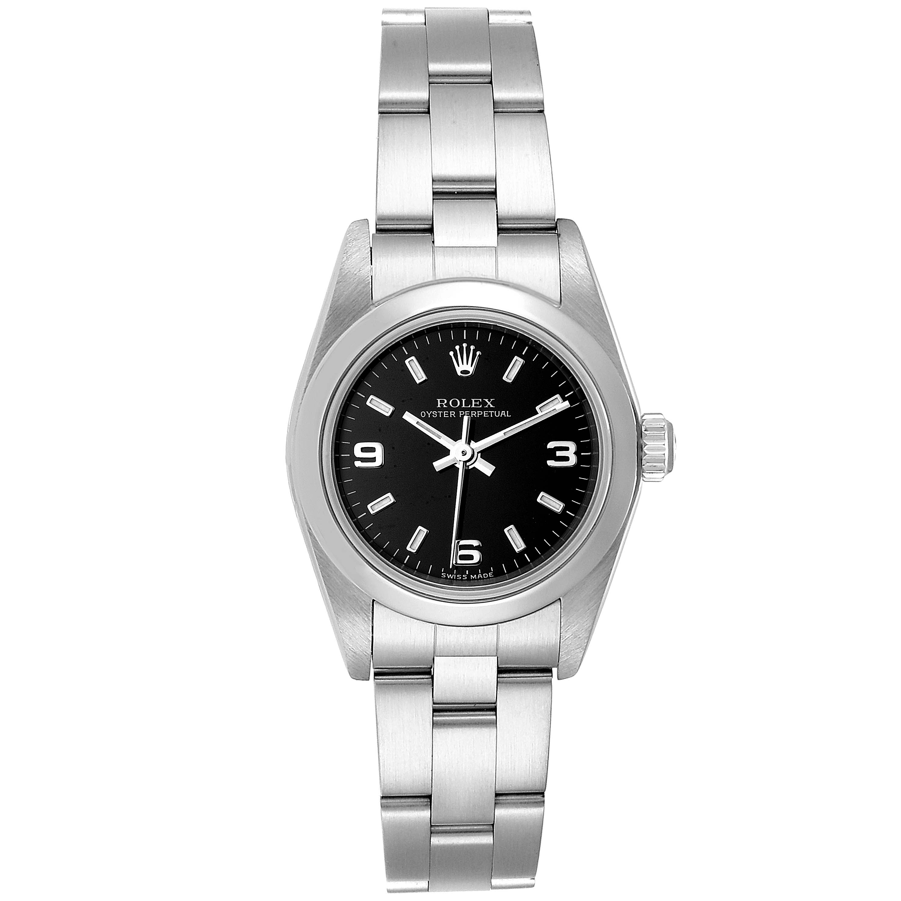 This Rolex Oyster Perpetual 76080 Women's Stainless Steel Black Dial 76080 Women's Stainless Steel Black Dial watch is shown from a top-down view, displaying the face, bracelet, and crown.