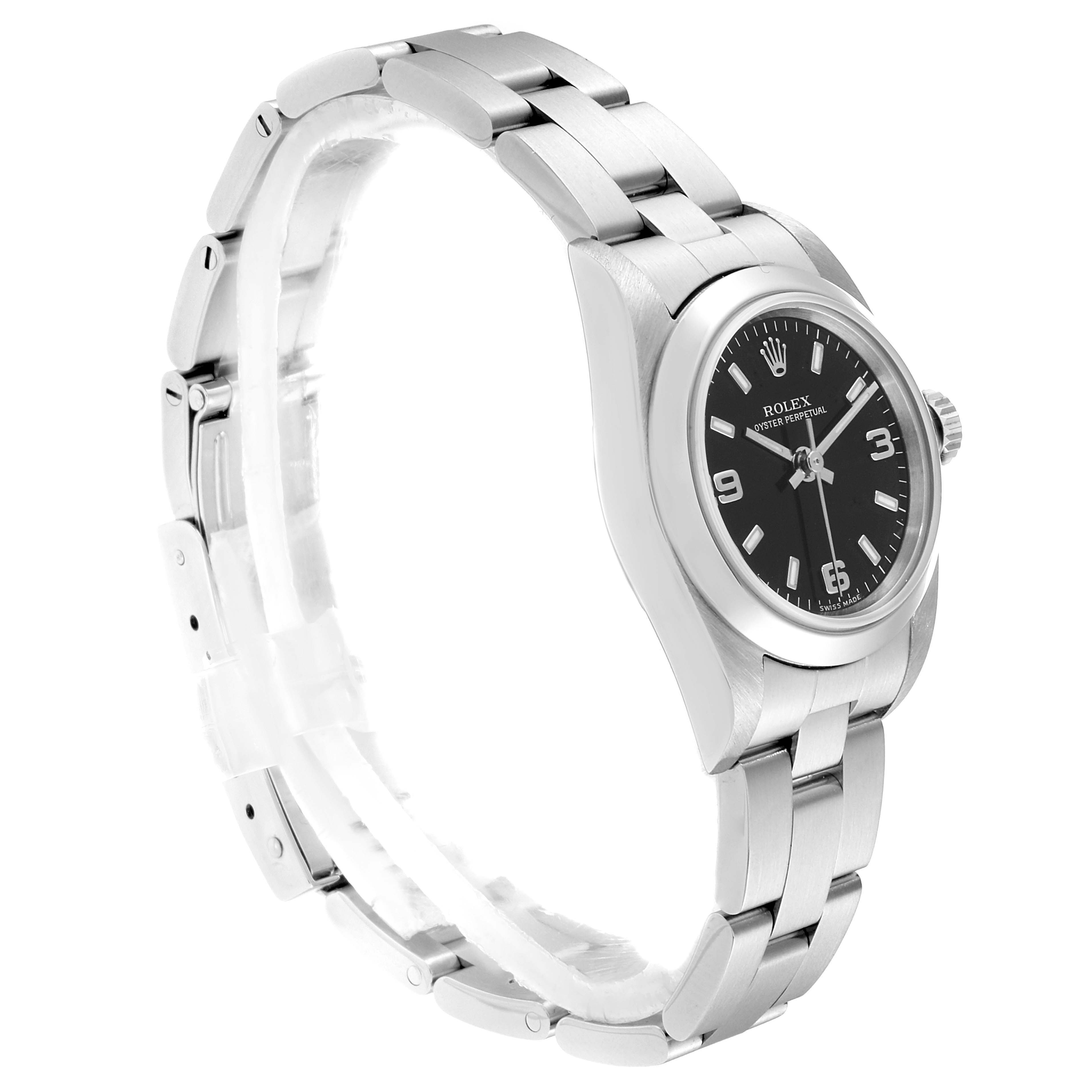 This image shows a Rolex Oyster Perpetual 76080 Women's Stainless Steel Black Dial 76080 Women's Stainless Steel Black Dial watch at a three-quarter angle, highlighting the bracelet, case, and black dial.