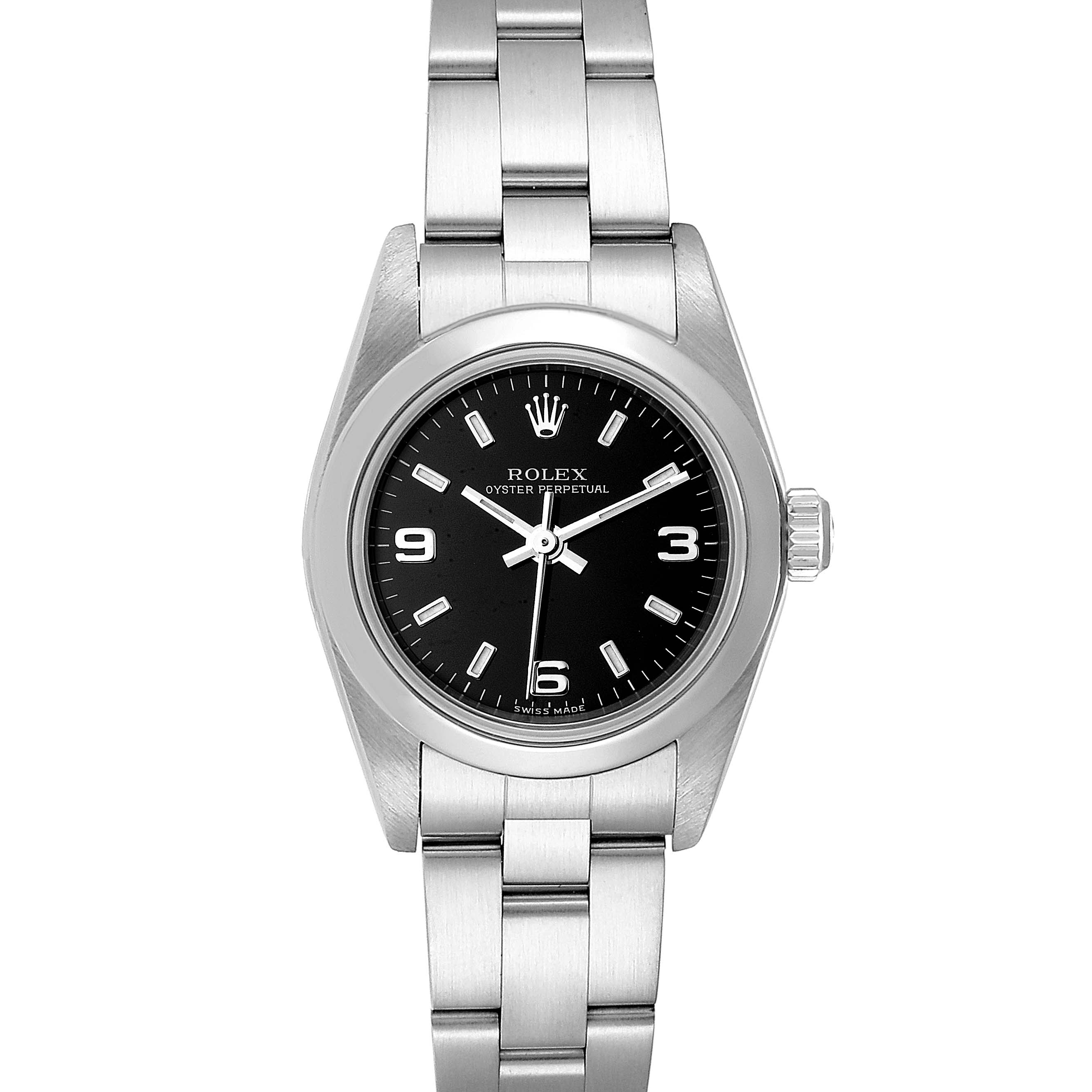 This Rolex Oyster Perpetual 76080 Women's Stainless Steel Black Dial 76080 Women's Stainless Steel Black Dial watch is shown at a straight-on angle, displaying its dial, bezel, bracelet, and crown.