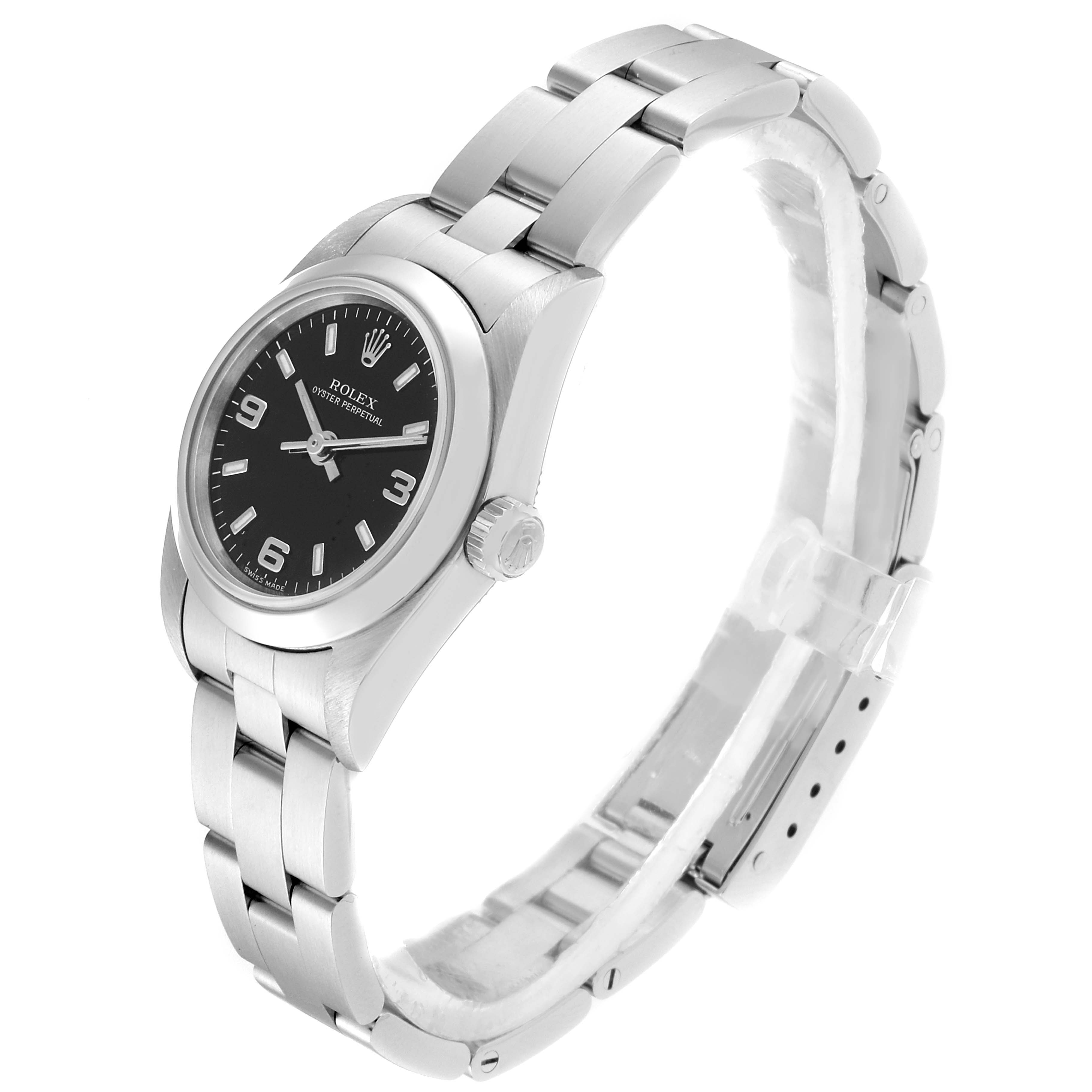 The Rolex Oyster Perpetual 76080 Women's Stainless Steel Black Dial 76080 Women's Stainless Steel Black Dial watch is shown at an angled side view displaying the face, bezel, crown, and bracelet.