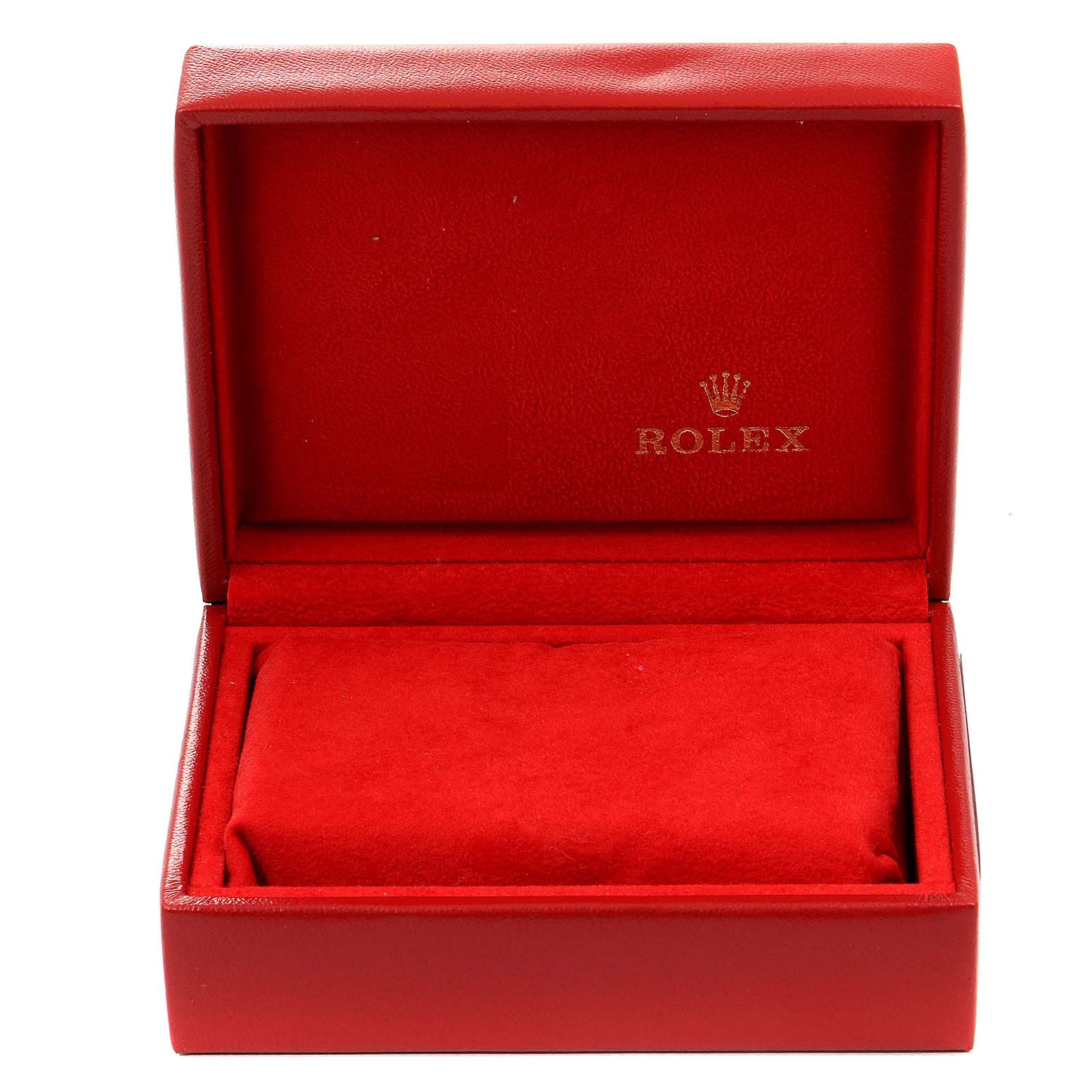 The image shows an open red Rolex watch box, presumably for the Rolex Oyster Perpetual 76193 Women
s Steel and Gold (two tone) Champagne Dial 76193 Women
s Steel and Gold (two tone) Champagne Dial model.