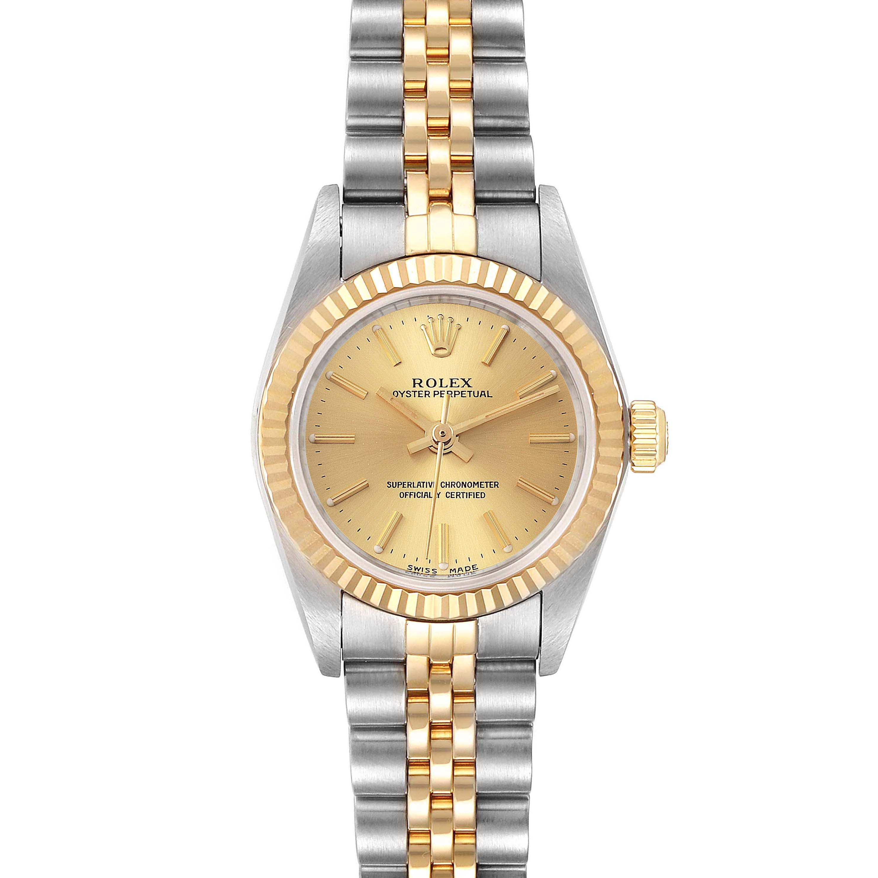 This image shows a front view of the Rolex Oyster Perpetual 76193 Women
s Steel and Gold (two tone) Champagne Dial 76193 Women
s Steel and Gold (two tone) Champagne Dial watch, featuring its bracelet, dial, and crown.