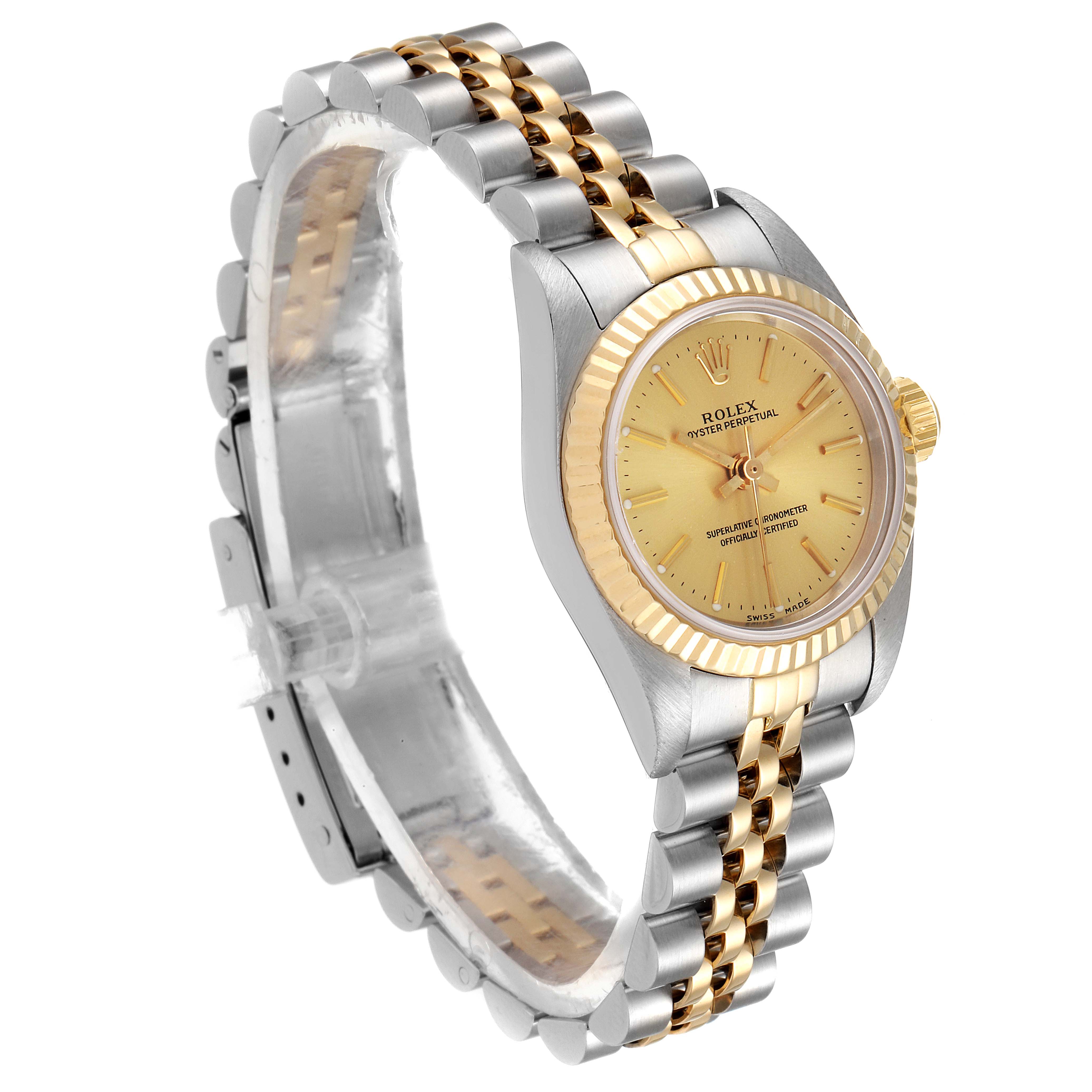 This image shows a Rolex Oyster Perpetual 76193 Women
s Steel and Gold (two tone) Champagne Dial 76193 Women
s Steel and Gold (two tone) Champagne Dial watch at an angled side view, displaying the watch face, bezel, and two-tone bracelet.