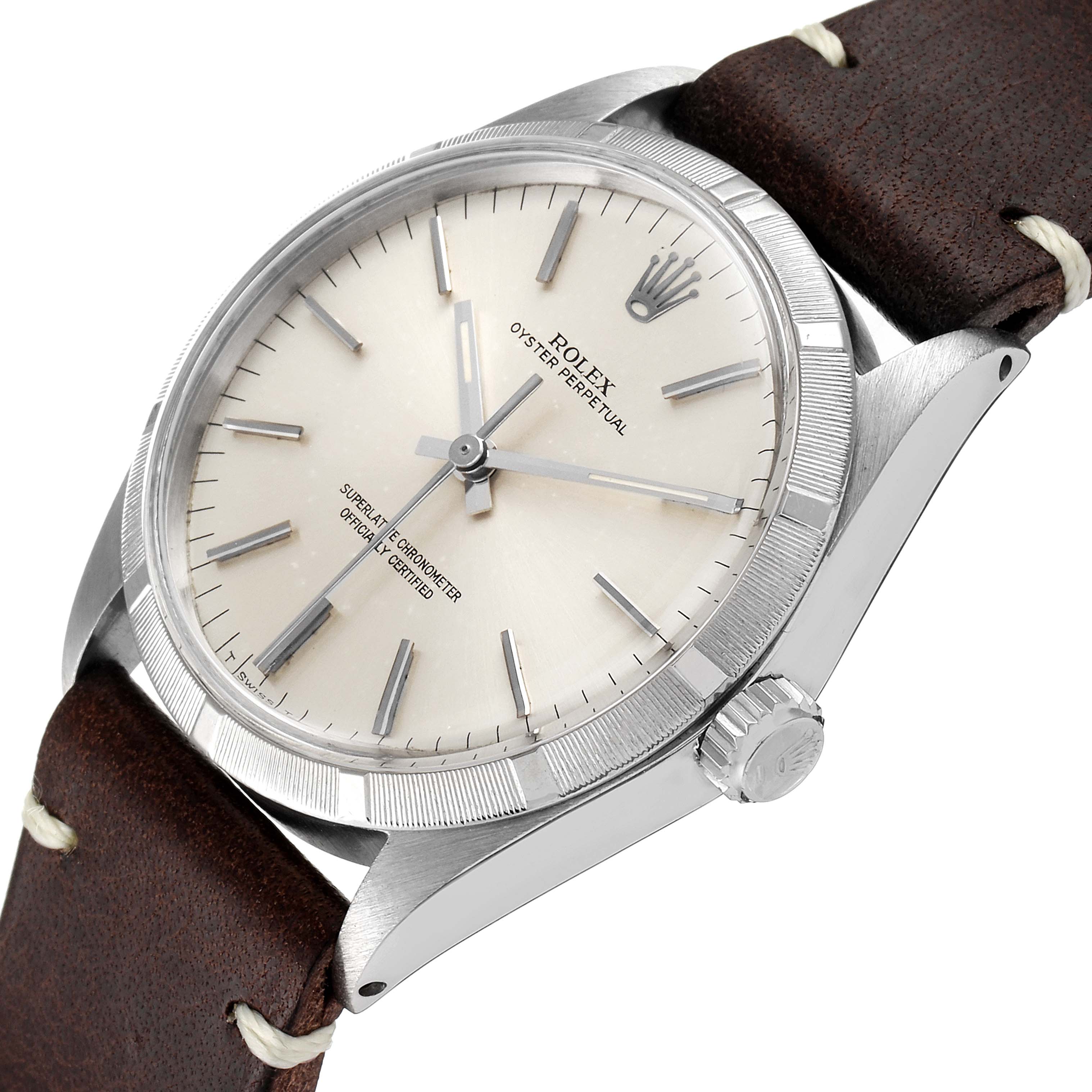 The Rolex Vintage Collection 1003 Men
s Stainless Steel Silver Dial 1003 Men
s Stainless Steel Silver Dial model is shown from a slightly angled top-down perspective, showcasing the face, bezel, case, crown, and leather strap.