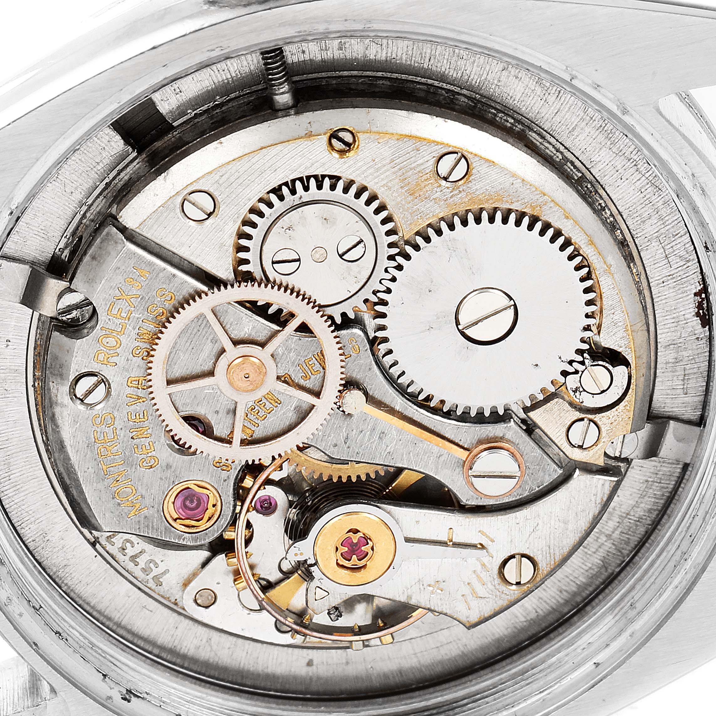 This image shows a close-up of the internal mechanical movement of a Rolex Vintage Collection 6694 Men
s Stainless Steel Silver Dial 6694 Men
s Stainless Steel Silver Dial watch.