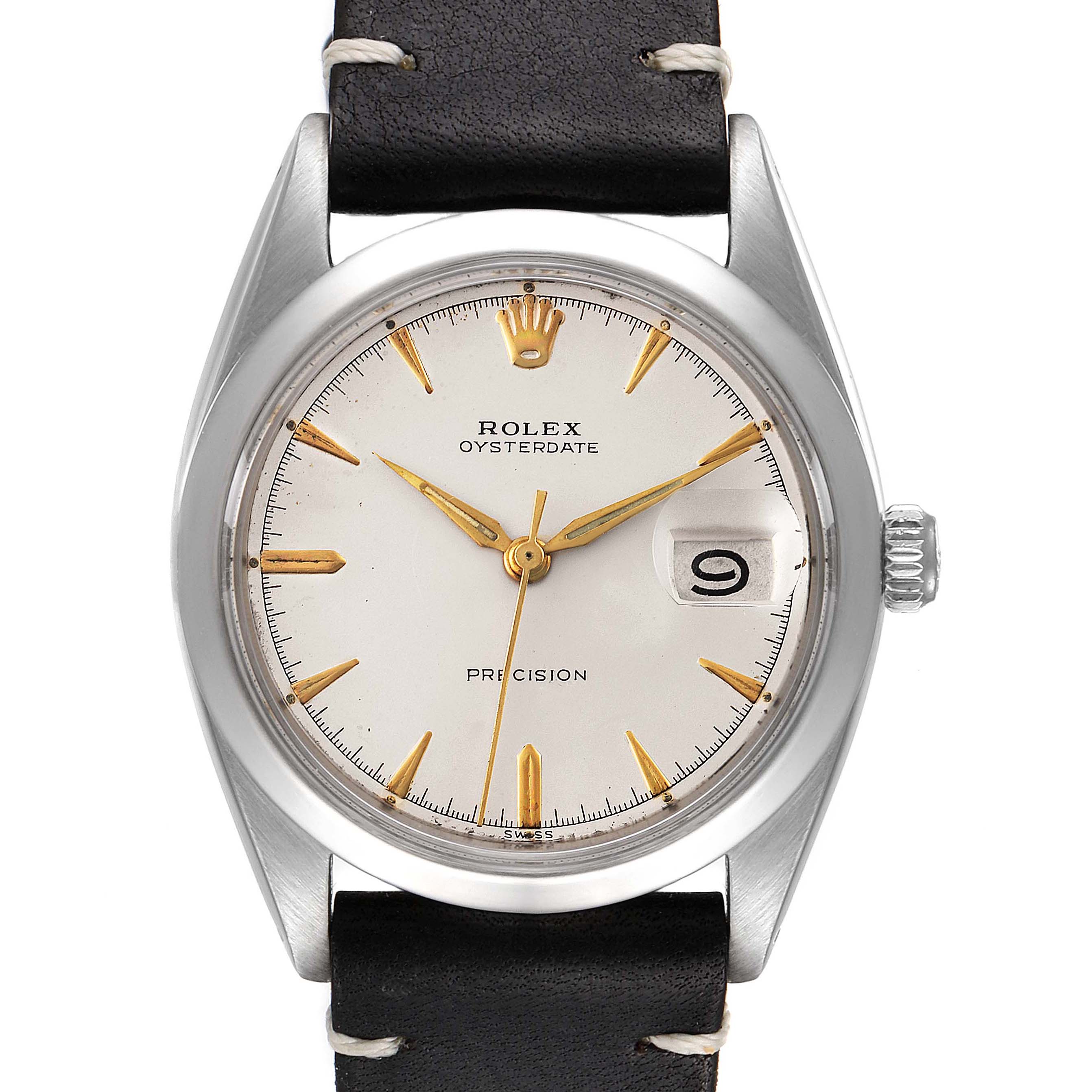 The Rolex Vintage Collection 6694 Men
s Stainless Steel Silver Dial 6694 Men
s Stainless Steel Silver Dial model is shown from a top-down angle, displaying the dial, crown, case, and leather strap.