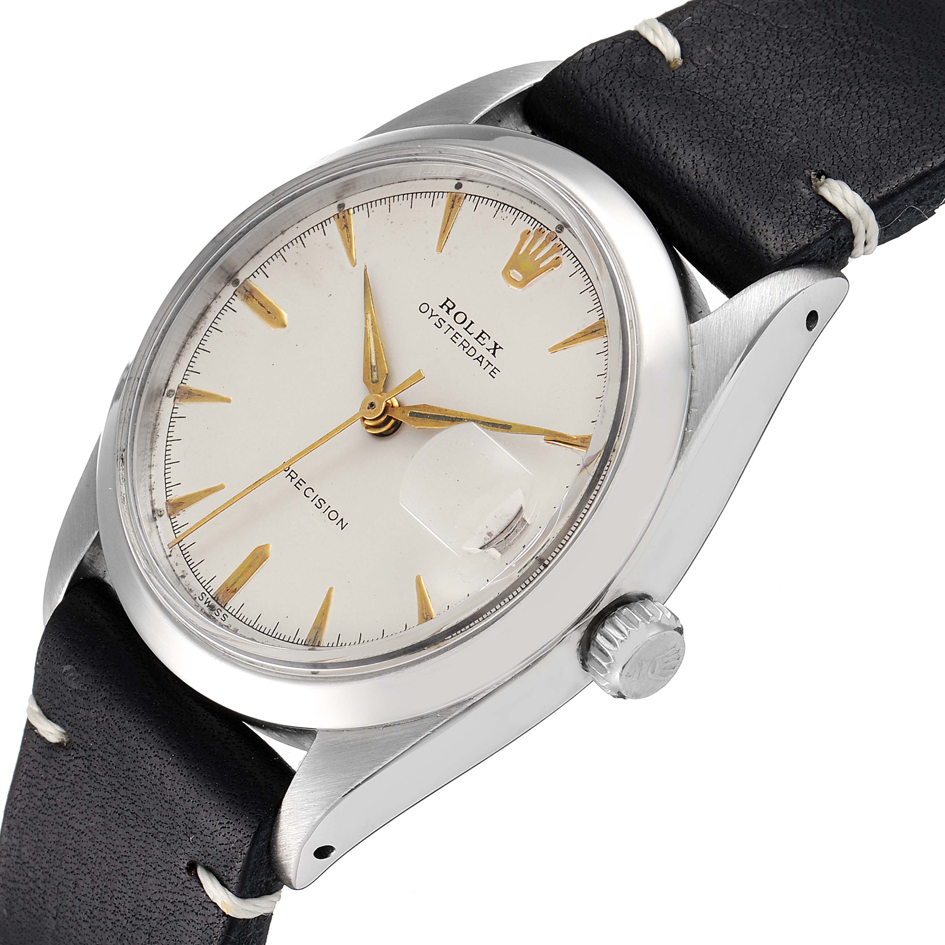 The image shows a Vintage Collection Rolex Oysterdate watch at an angled view, highlighting the face, crown, and part of the strap.