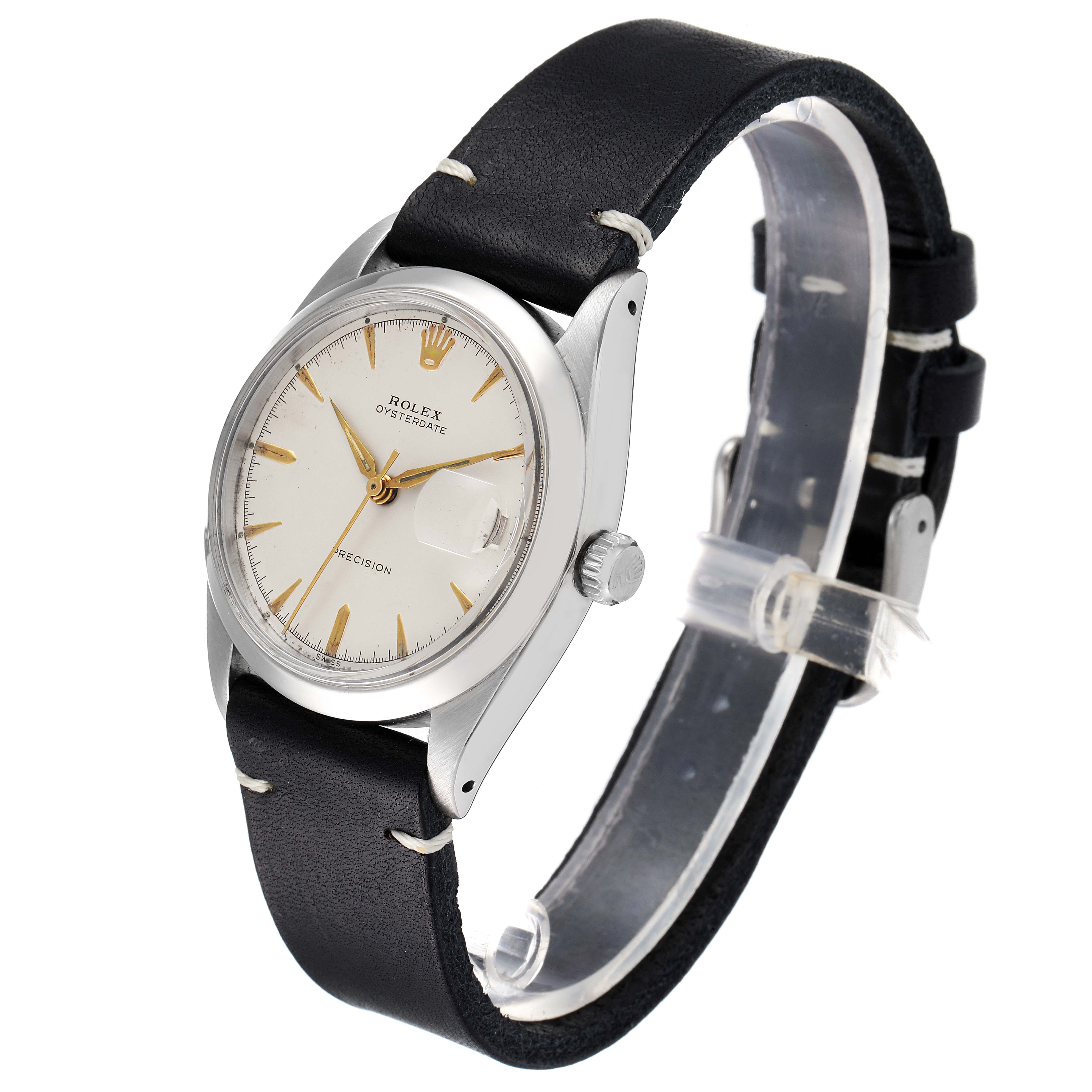 The Rolex Vintage Collection 6694 Men
s Stainless Steel Silver Dial 6694 Men
s Stainless Steel Silver Dial watch is shown from an angled side view, featuring its dial, case, crown, and leather strap.