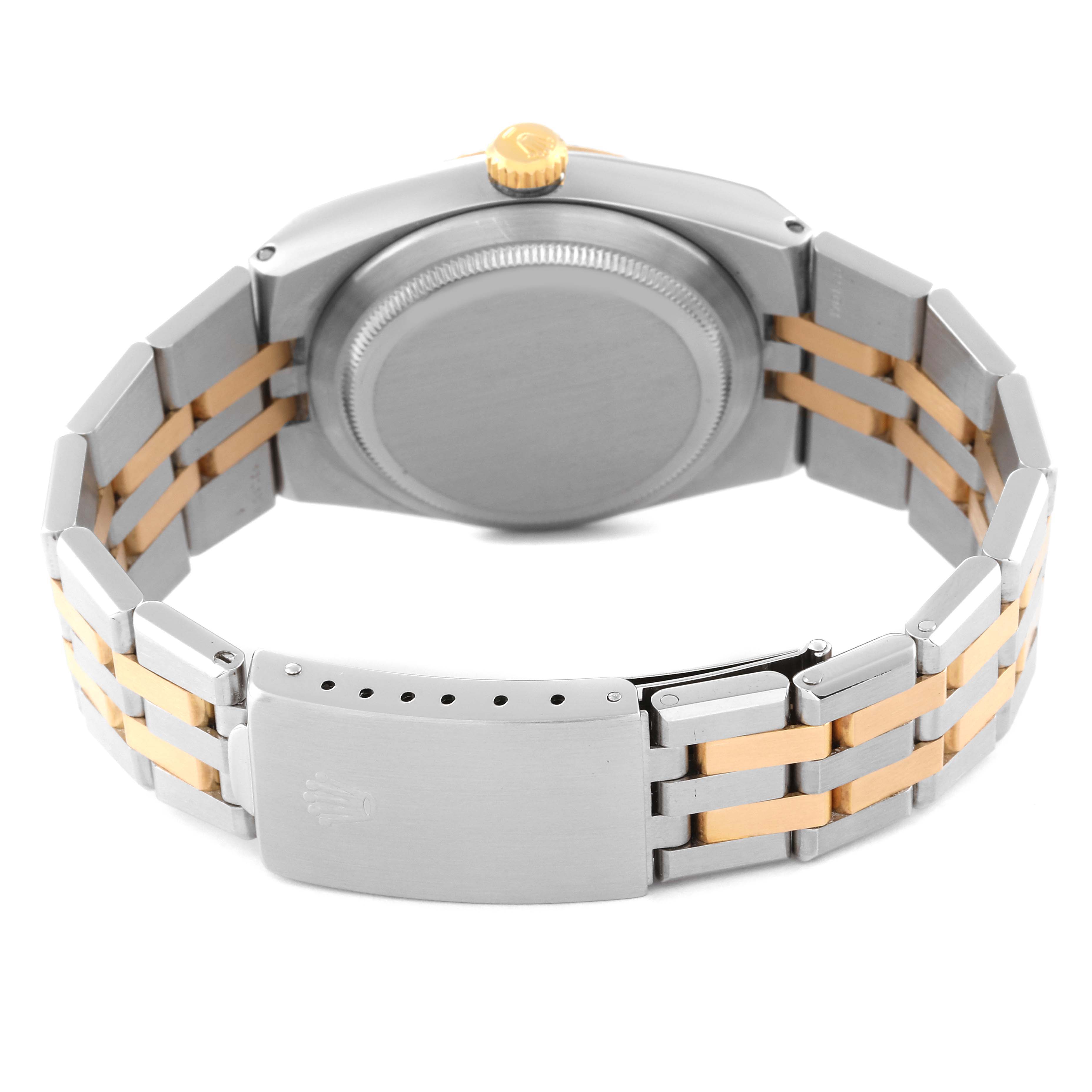 The image shows the back case, crown, and bracelet of a Rolex Datejust 17013 Men's Steel and Gold (two tone) Champagne Dial 17013 Men's Steel and Gold (two tone) Champagne Dial watch from a rear angle.