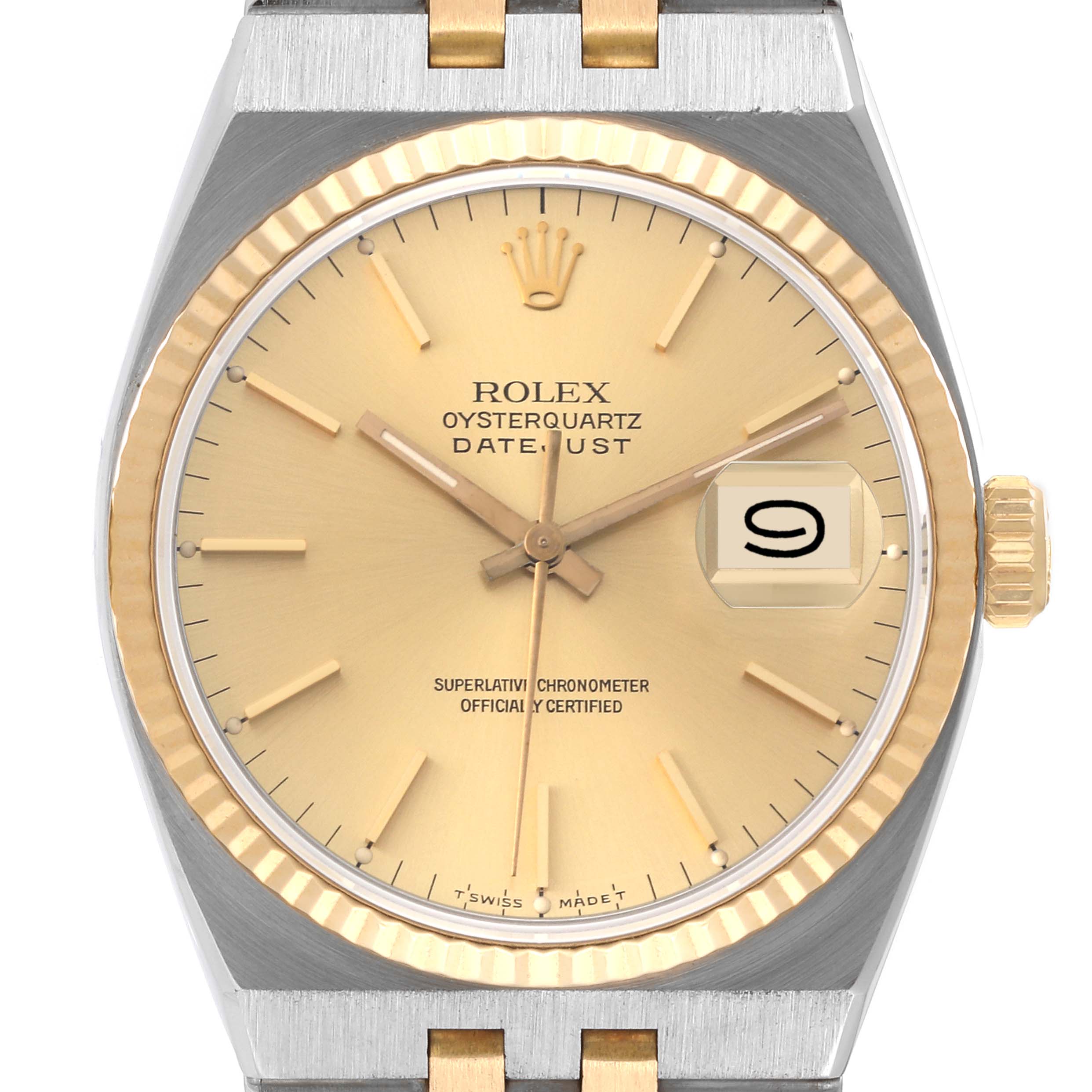 Front view of the Rolex Datejust 17013 Men's Steel and Gold (two tone) Champagne Dial 17013 Men's Steel and Gold (two tone) Champagne Dial watch displaying the dial, crown, and part of the strap.