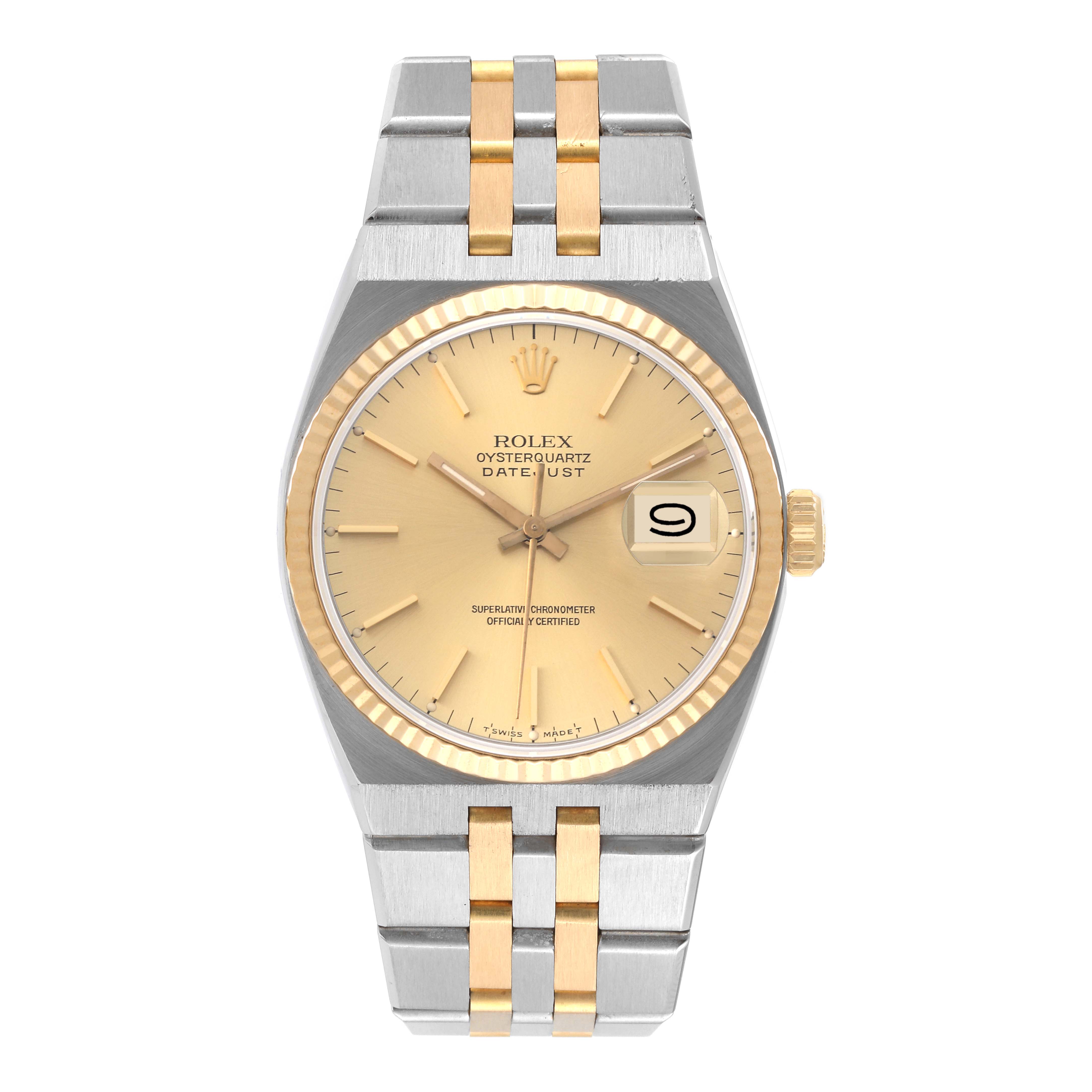 The Rolex Datejust 17013 Men's Steel and Gold (two tone) Champagne Dial 17013 Men's Steel and Gold (two tone) Champagne Dial watch is shown from a front angle, displaying the full face, bracelet, and crown.