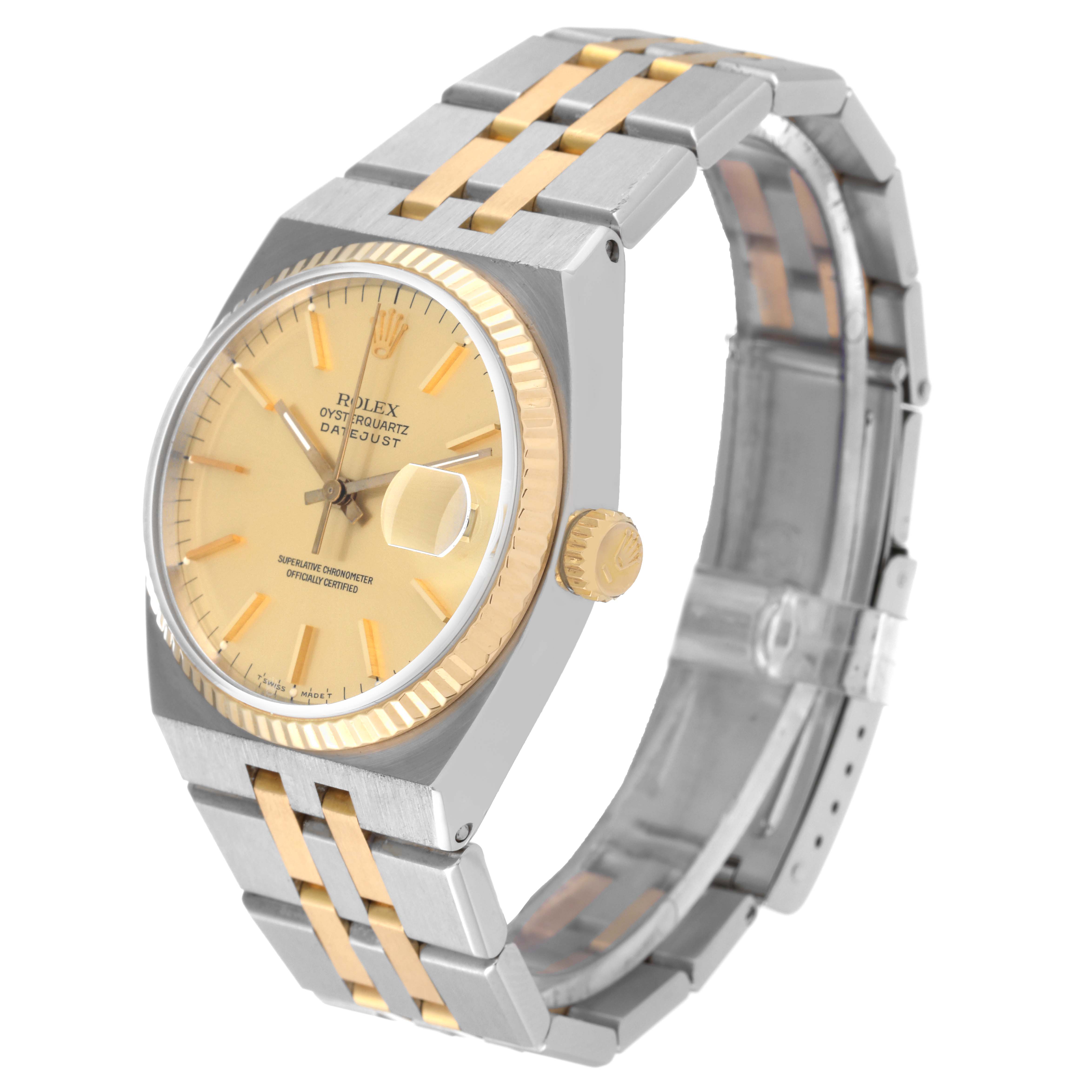 The Rolex Datejust 17013 Men's Steel and Gold (two tone) Champagne Dial 17013 Men's Steel and Gold (two tone) Champagne Dial watch is shown at an angled view, highlighting its face, crown, bracelet, and clasp.