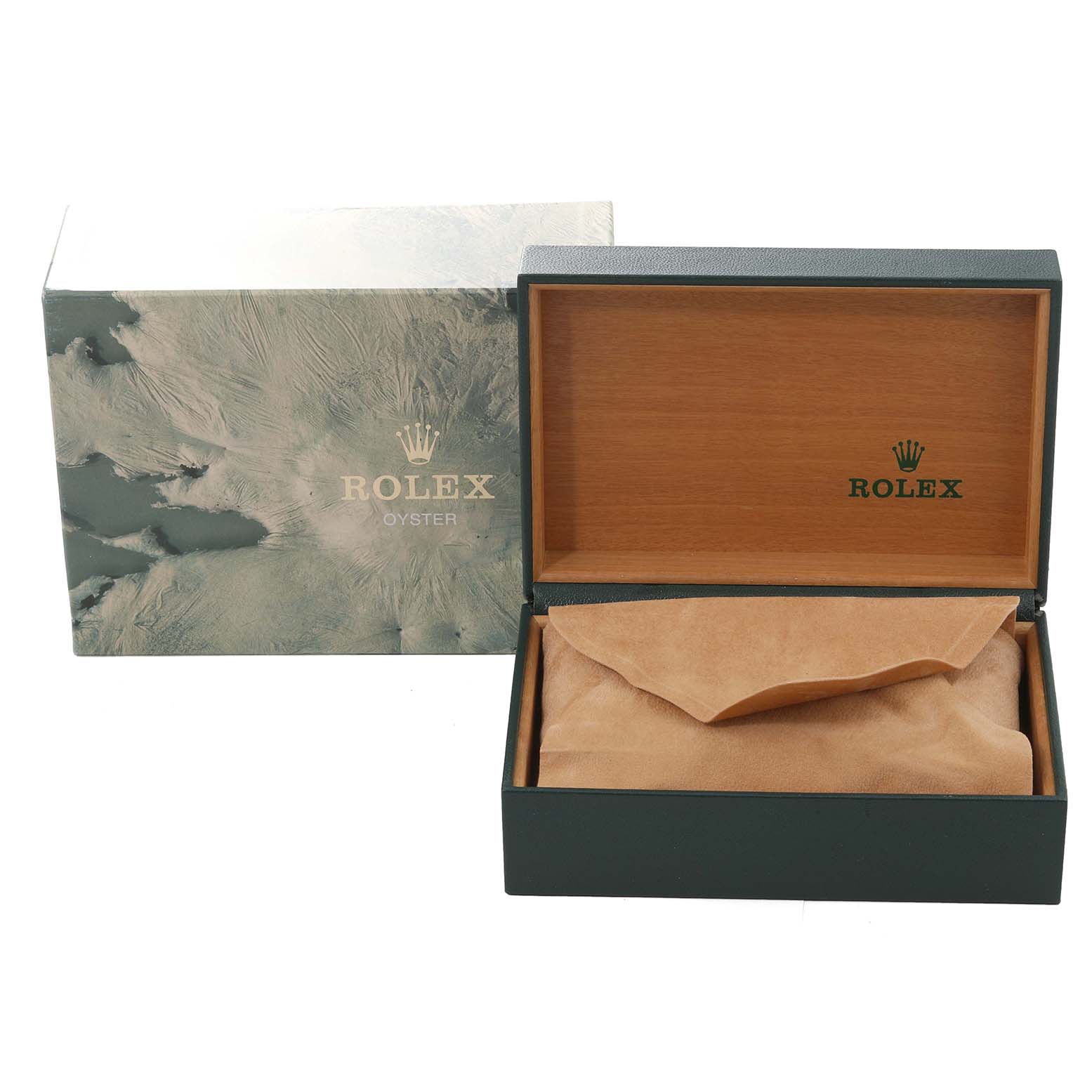 The image shows an open Rolex Datejust 17013 Men's Steel and Gold (two tone) Champagne Dial 17013 Men's Steel and Gold (two tone) Champagne Dial watch box with a cushion, alongside its outer packaging.