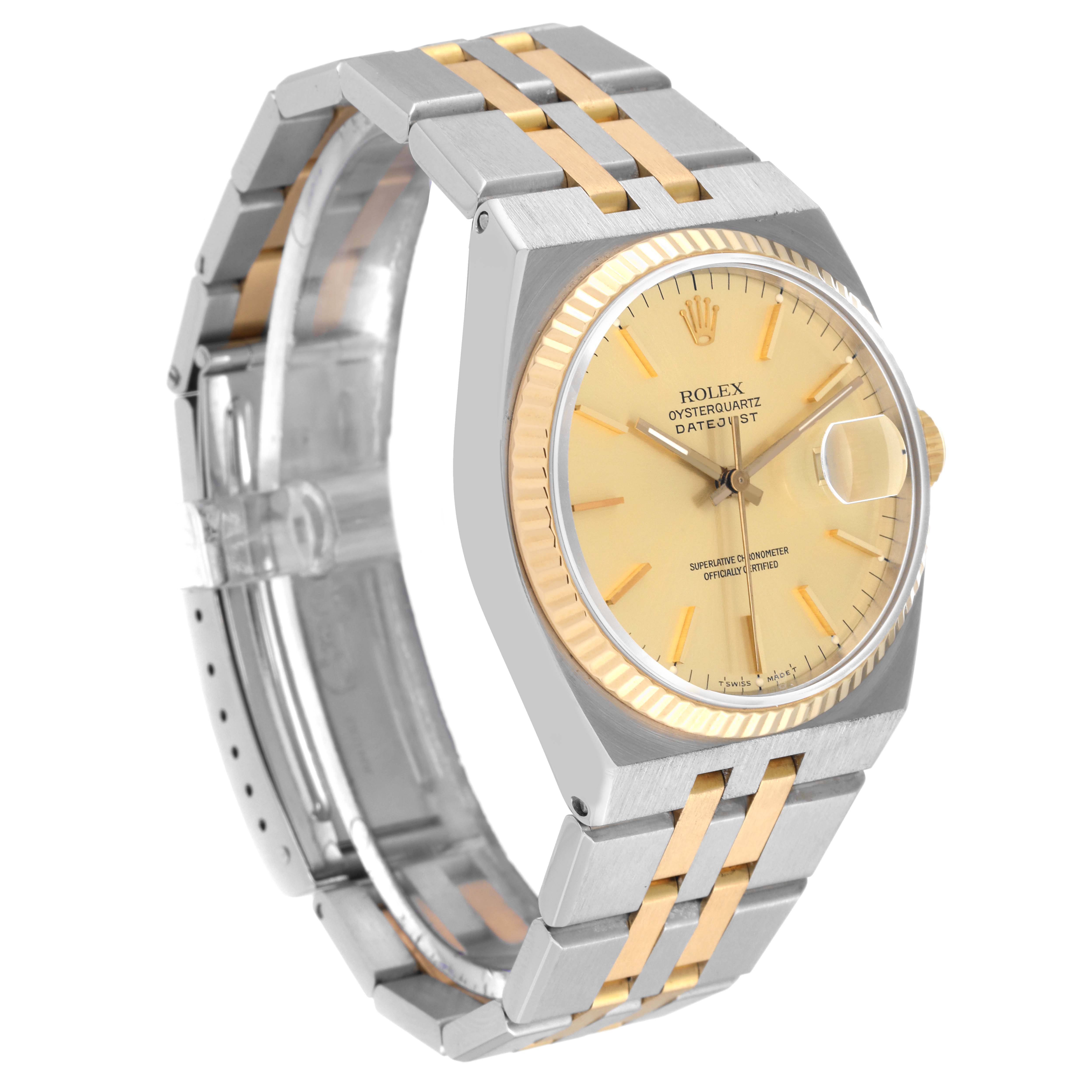 The image shows a side-angle view of the Rolex Datejust 17013 Men's Steel and Gold (two tone) Champagne Dial 17013 Men's Steel and Gold (two tone) Champagne Dial watch, showcasing its face, bezel, and two-tone metal bracelet.