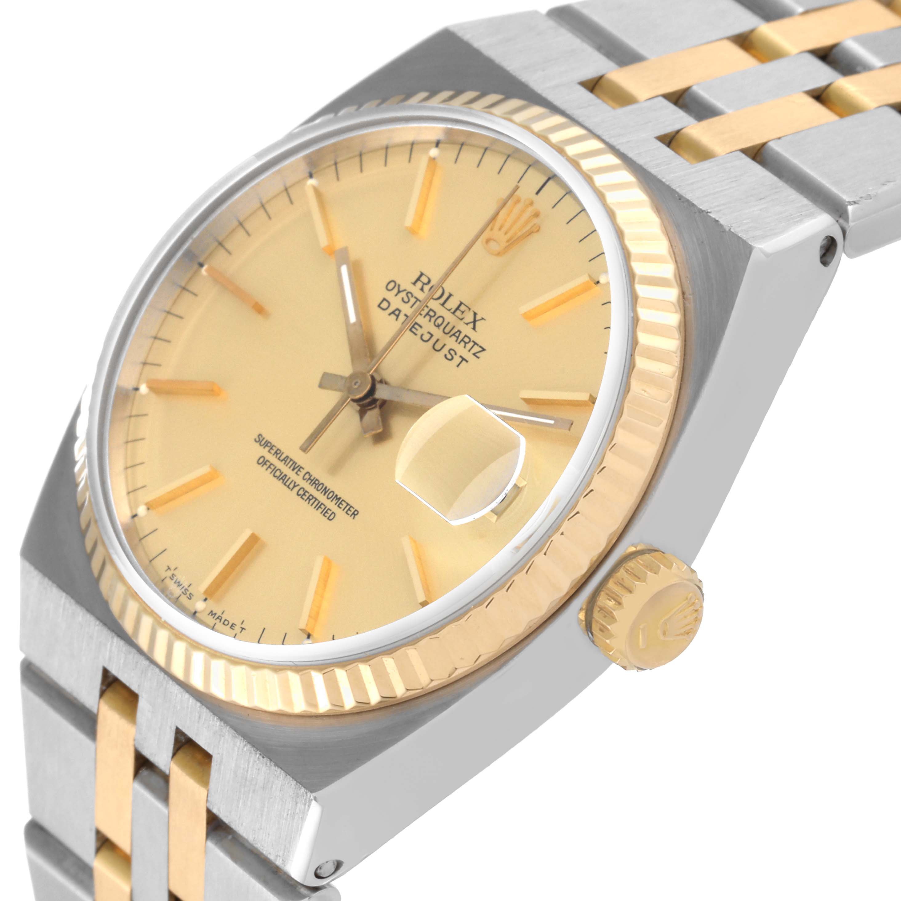 The image shows a close-up angle of the Rolex Datejust 17013 Men's Steel and Gold (two tone) Champagne Dial 17013 Men's Steel and Gold (two tone) Champagne Dial watch, highlighting the dial, bezel, crown, and part of the bracelet.