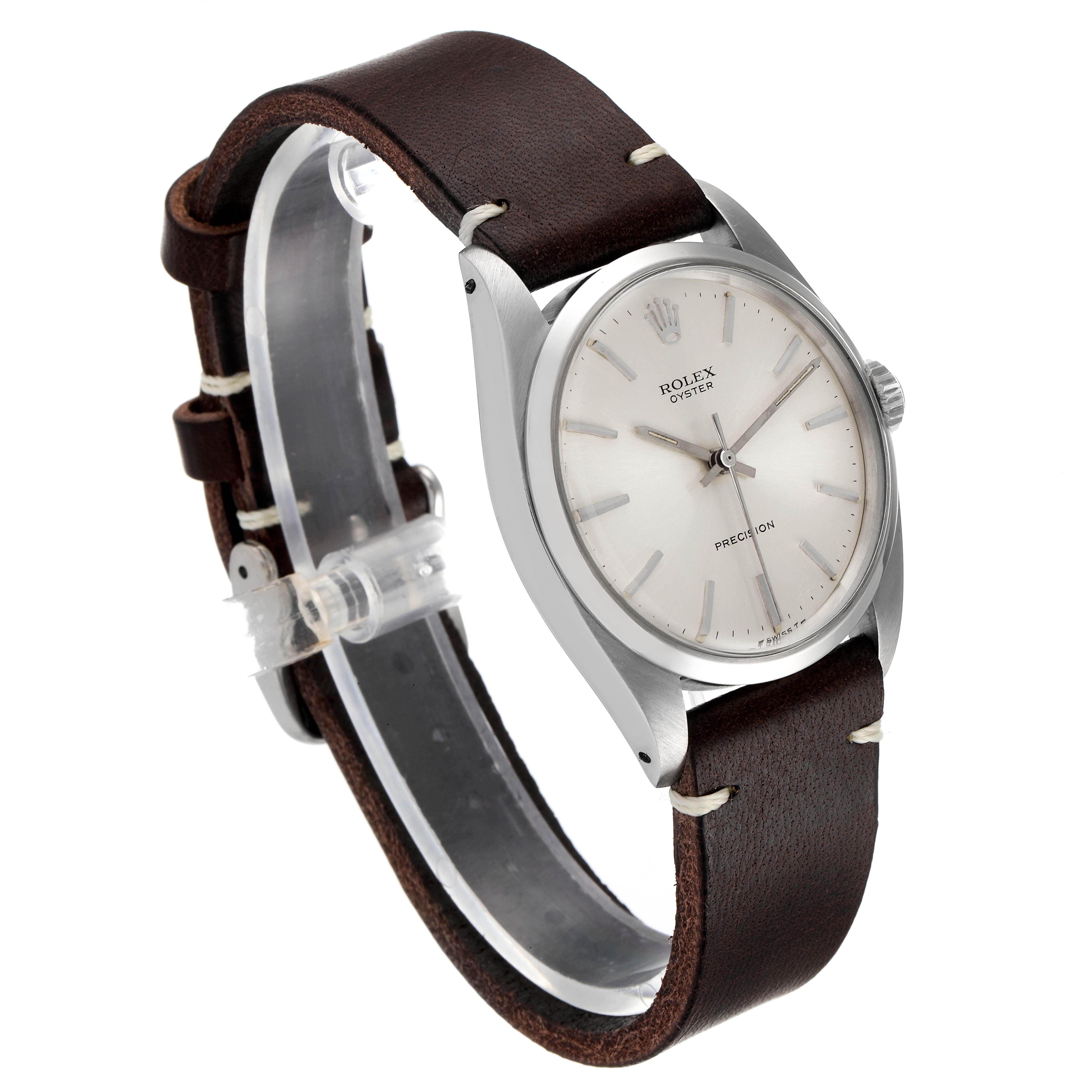 The Vintage Collection Rolex watch is shown at an angled side view highlighting the dial, case, and leather strap.