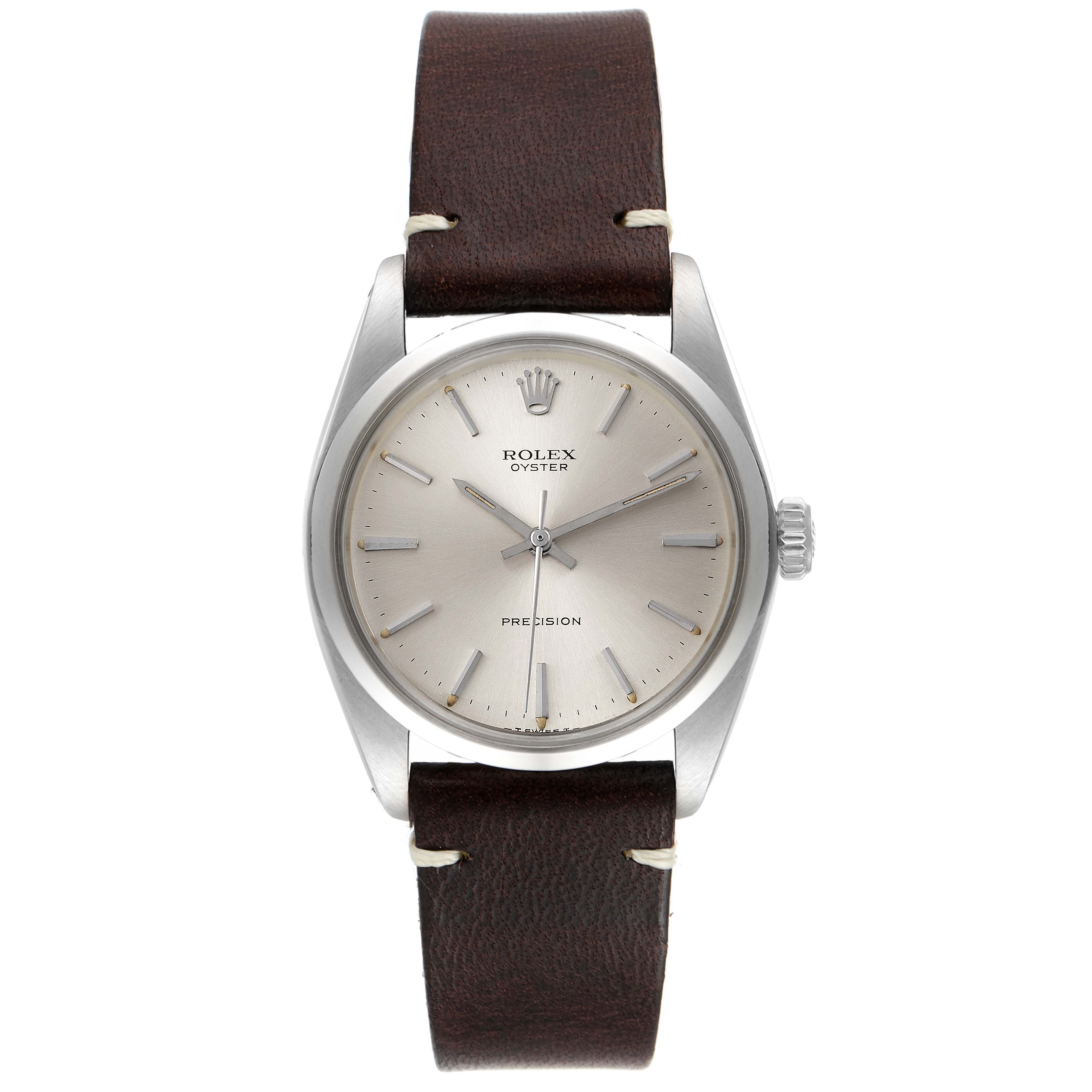 This image displays a front view of a Vintage Collection Rolex Oyster watch with a brown leather strap.