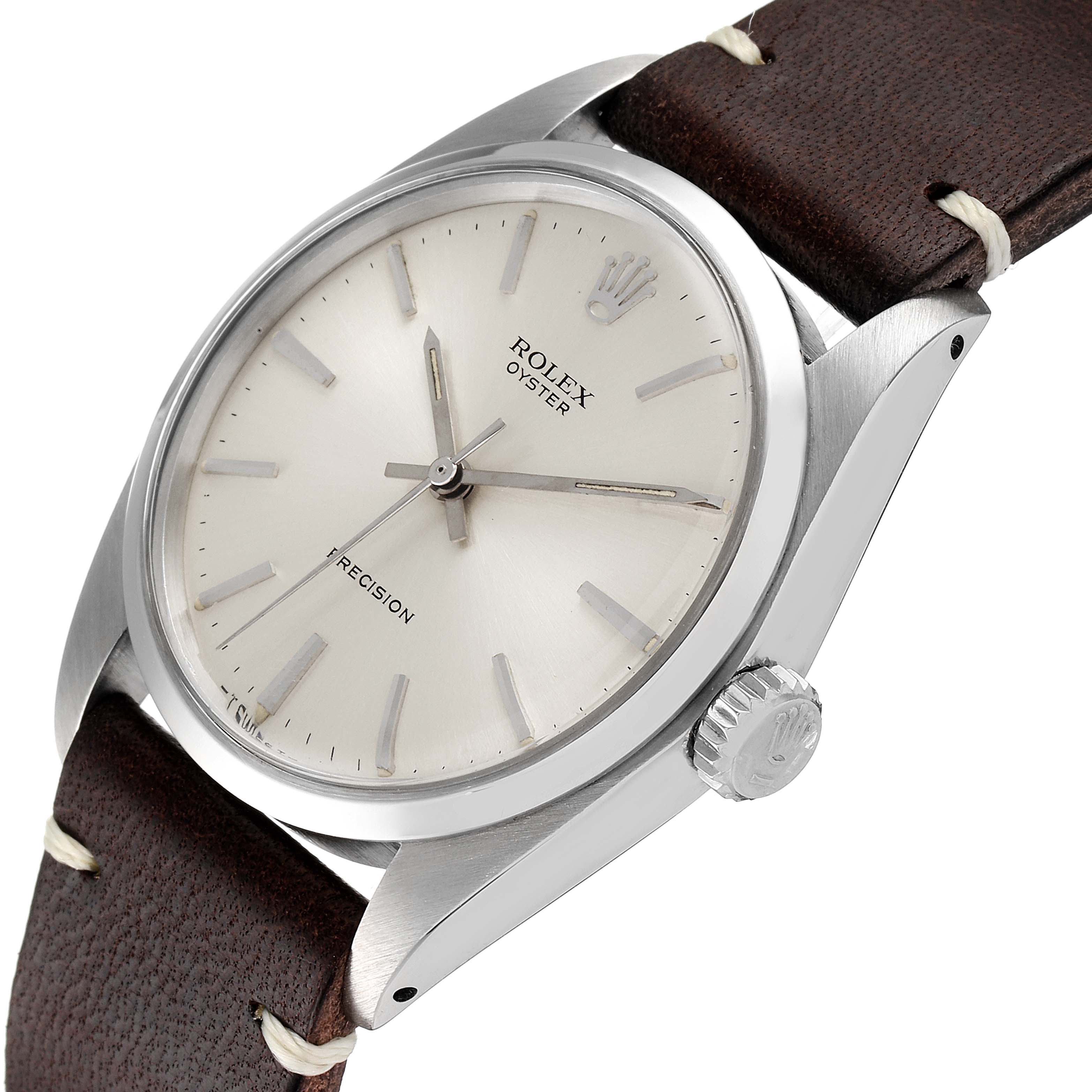 The image shows a side-angle view of the Rolex Vintage Collection 6426 Men's Stainless Steel Silver Dial 6426 Men's Stainless Steel Silver Dial watch, displaying its face, crown, bezel, and leather strap.