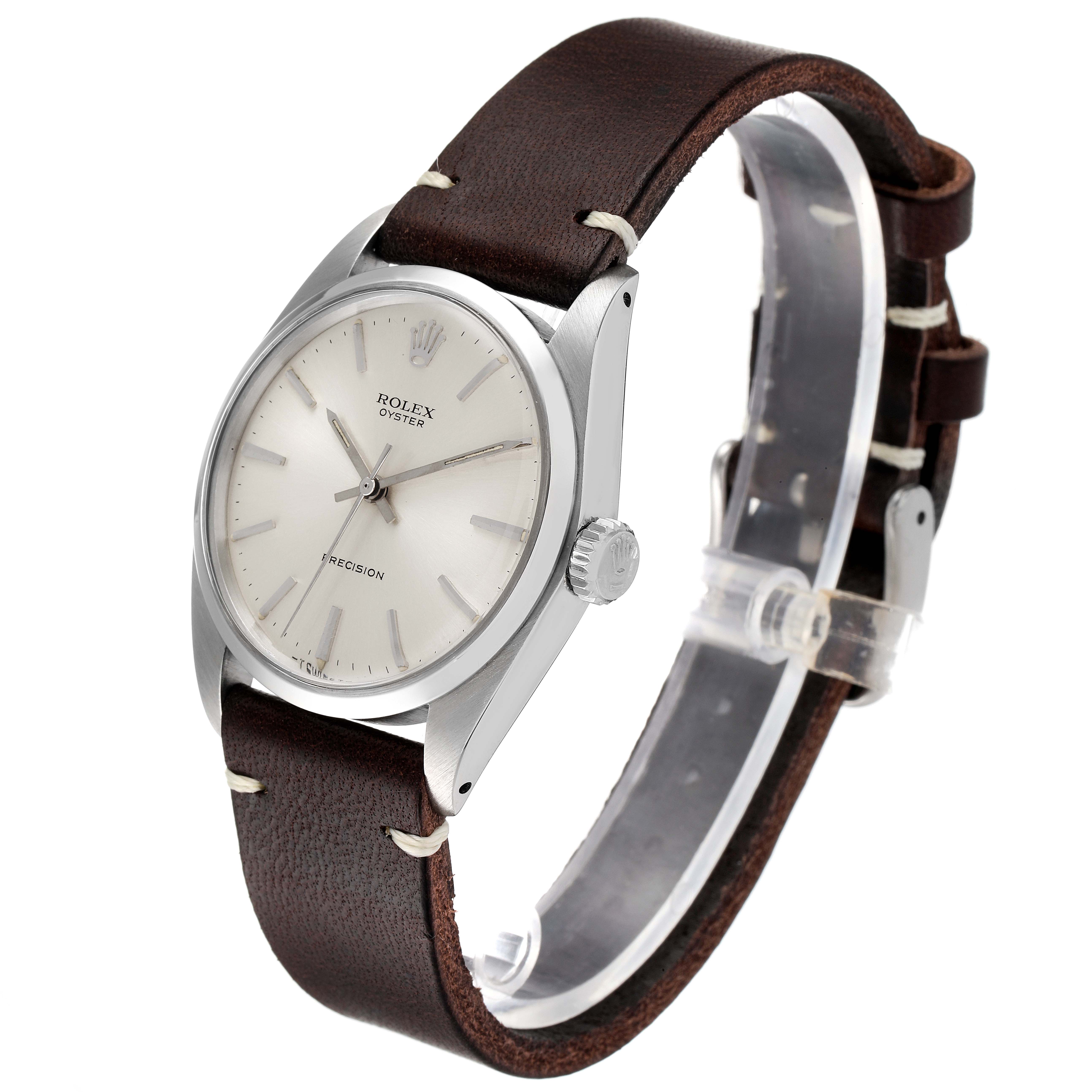 The image shows a Rolex Vintage Collection 6426 Men's Stainless Steel Silver Dial 6426 Men's Stainless Steel Silver Dial watch at a 3/4 angle featuring the face, case, crown, and leather strap.