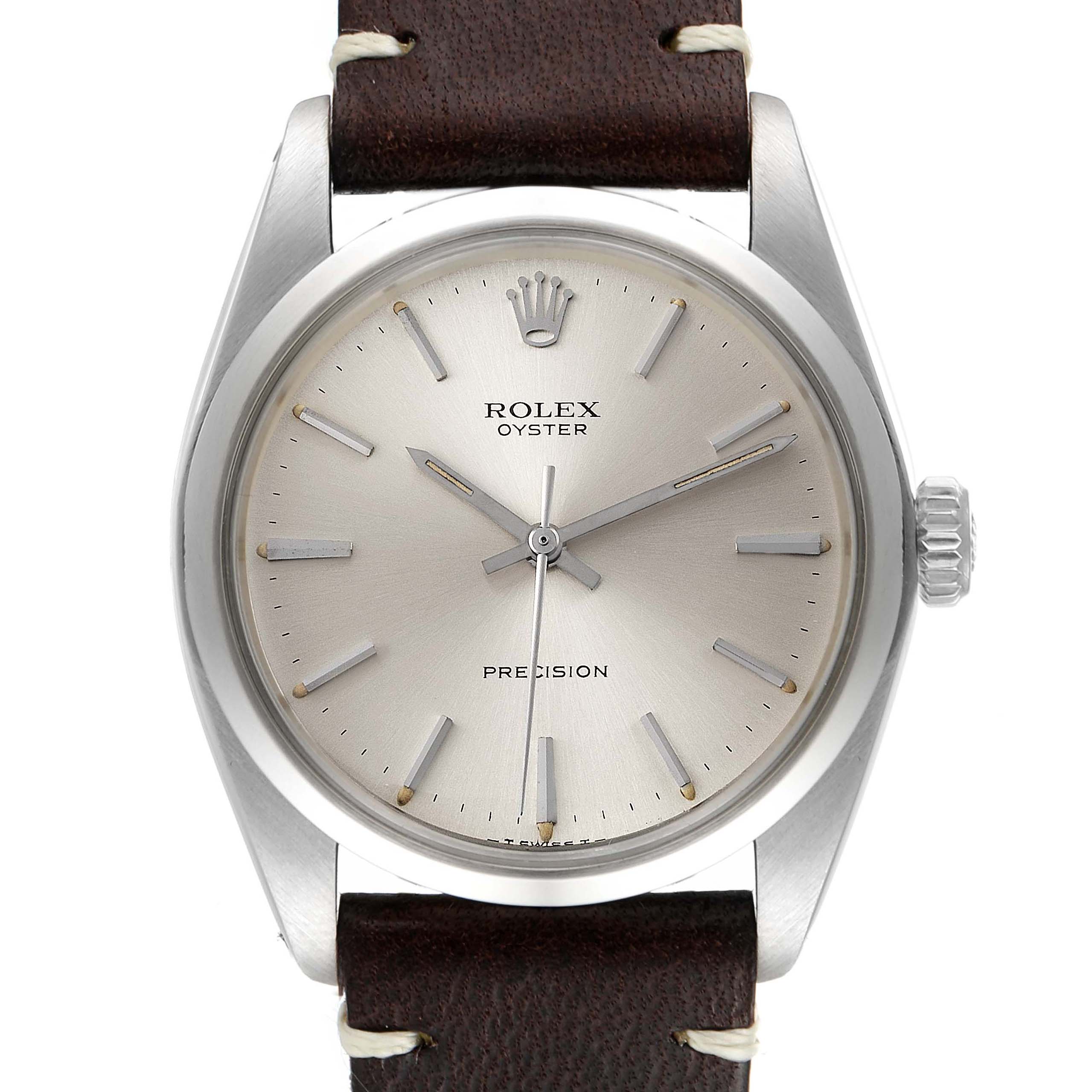 The image shows a front view of the Rolex Vintage Collection 6426 Men's Stainless Steel Silver Dial 6426 Men's Stainless Steel Silver Dial model, highlighting the dial, hands, crown, case, and leather strap.