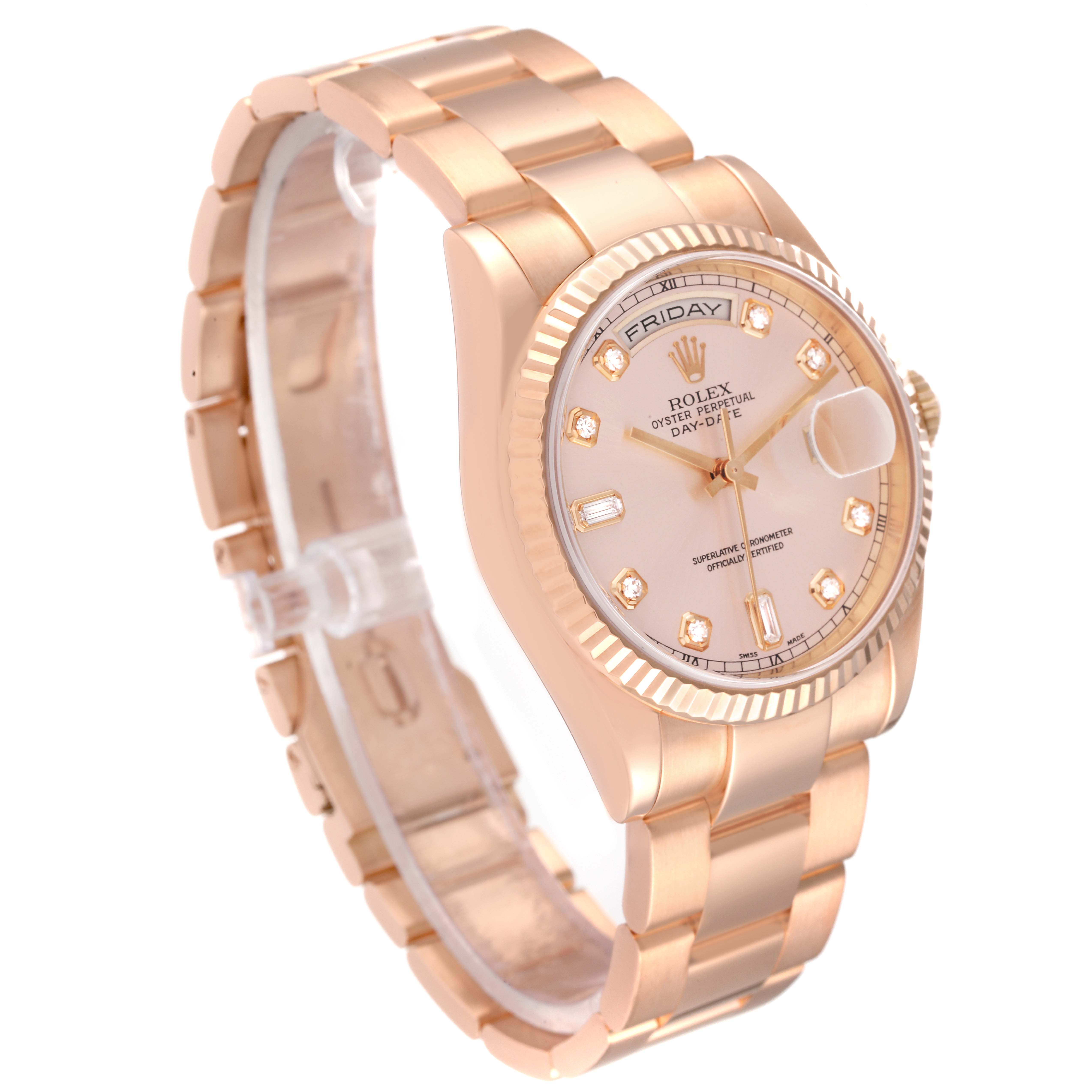 The image shows a Rolex President 118235 Men's Rose Gold Pink Dial 118235 Men's Rose Gold Pink Dial model watch at a slight angle, highlighting the band, bezel, and dial.