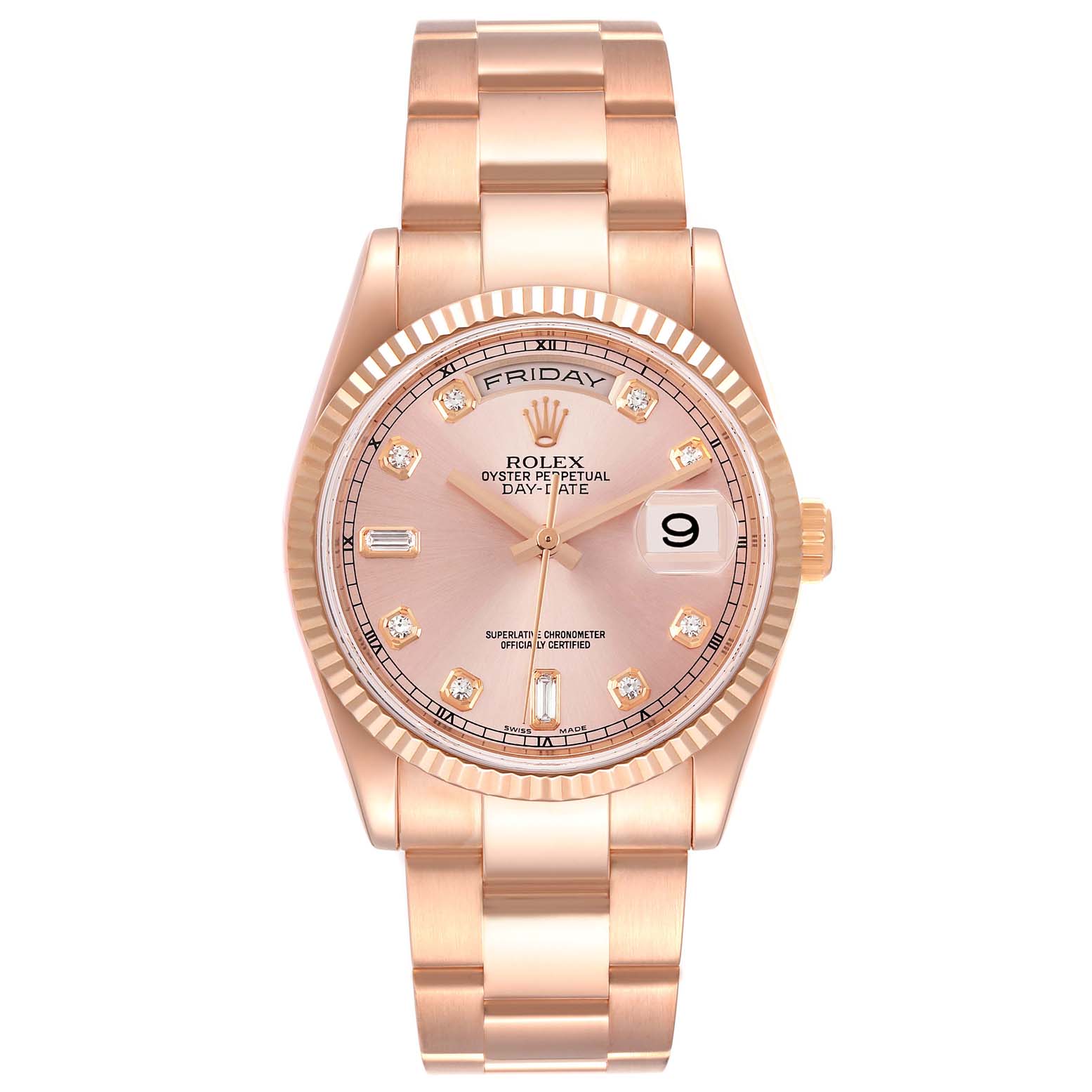 The image shows a frontal view of the Rolex President 118235 Men's Rose Gold Pink Dial 118235 Men's Rose Gold Pink Dial model watch, highlighting the dial, bezel, hands, and bracelet.