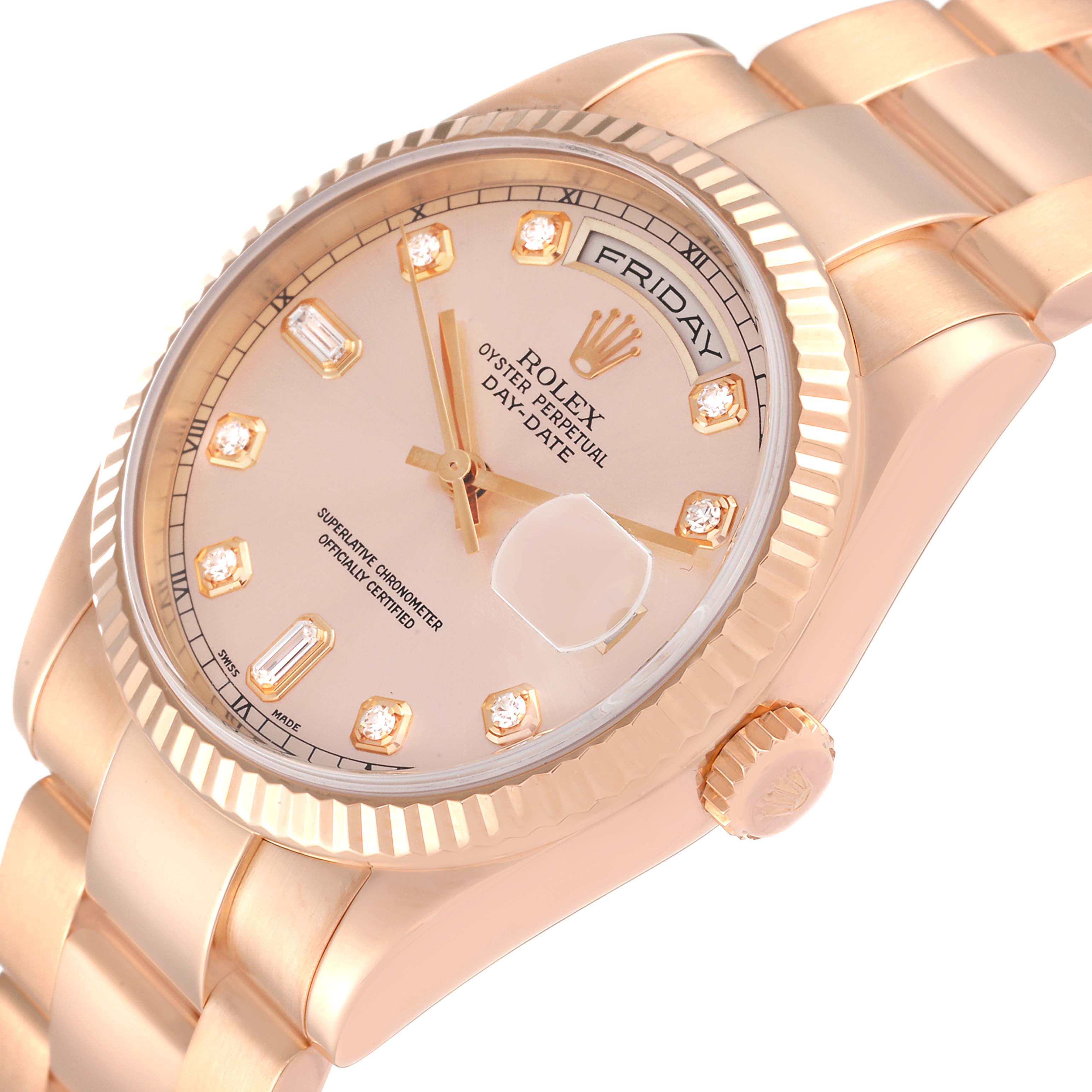 This image shows a Rolex President 118235 Men's Rose Gold Pink Dial 118235 Men's Rose Gold Pink Dial model watch from a side angle, highlighting the dial, bezel, crown, and bracelet.