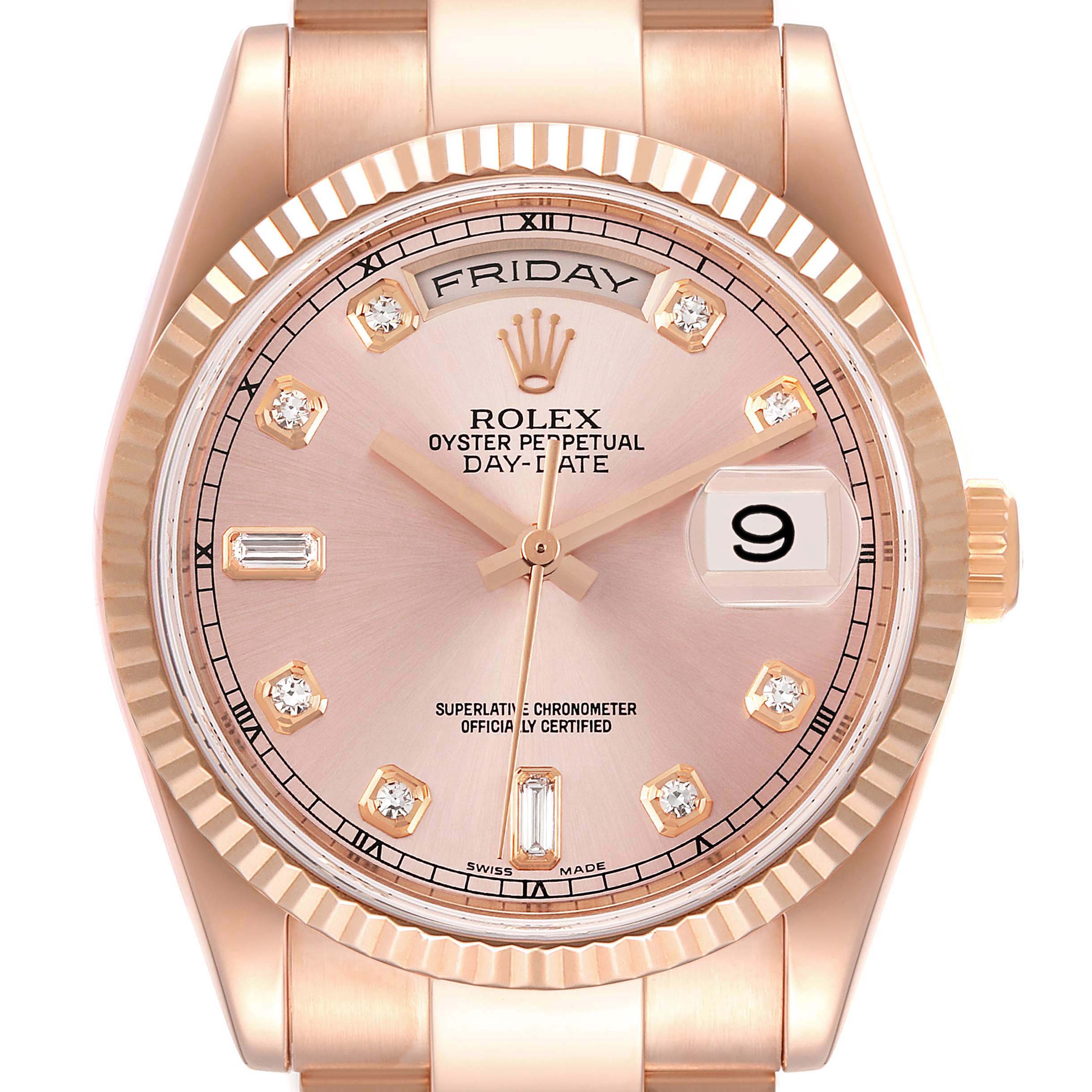 The image shows a frontal view of the Rolex President 118235 Men's Rose Gold Pink Dial 118235 Men's Rose Gold Pink Dial model watch, displaying the dial, bezel, and part of the bracelet.