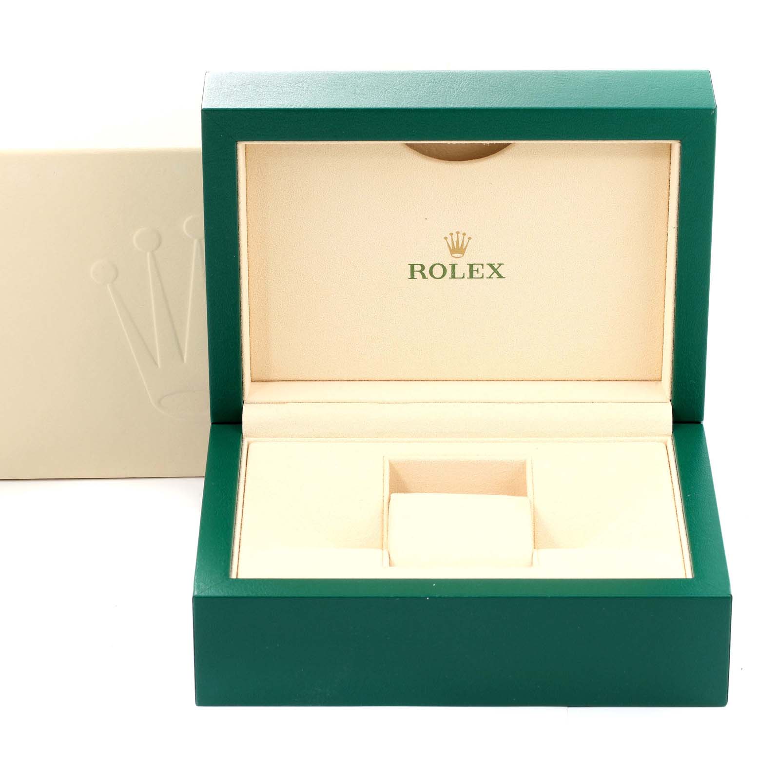The image shows an open green and cream-colored box for a Rolex President 118235 Men's Rose Gold Pink Dial 118235 Men's Rose Gold Pink Dial model watch.