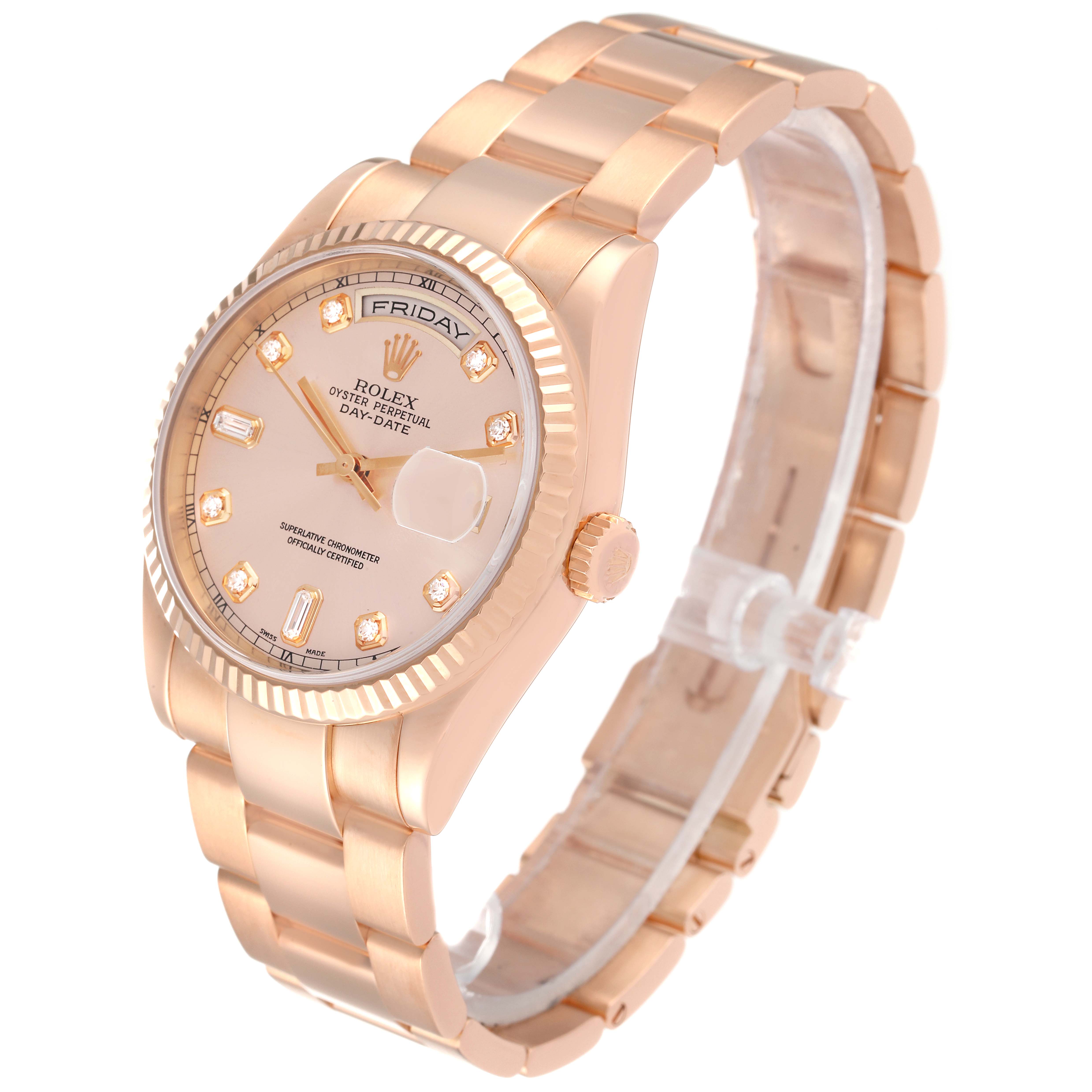 This Rolex President 118235 Men's Rose Gold Pink Dial 118235 Men's Rose Gold Pink Dial model watch is shown at a three-quarter angle, highlighting the dial, bezel, crown, and part of the bracelet.