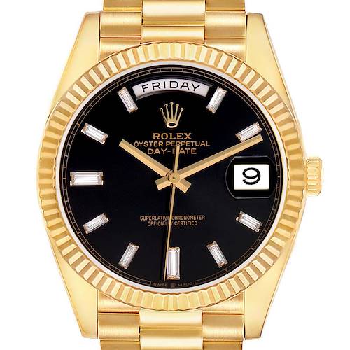 The Rolex President 228238 Men's Yellow Gold Black Dial model is shown from the front, featuring its black dial, day-date display, and gold bracelet.