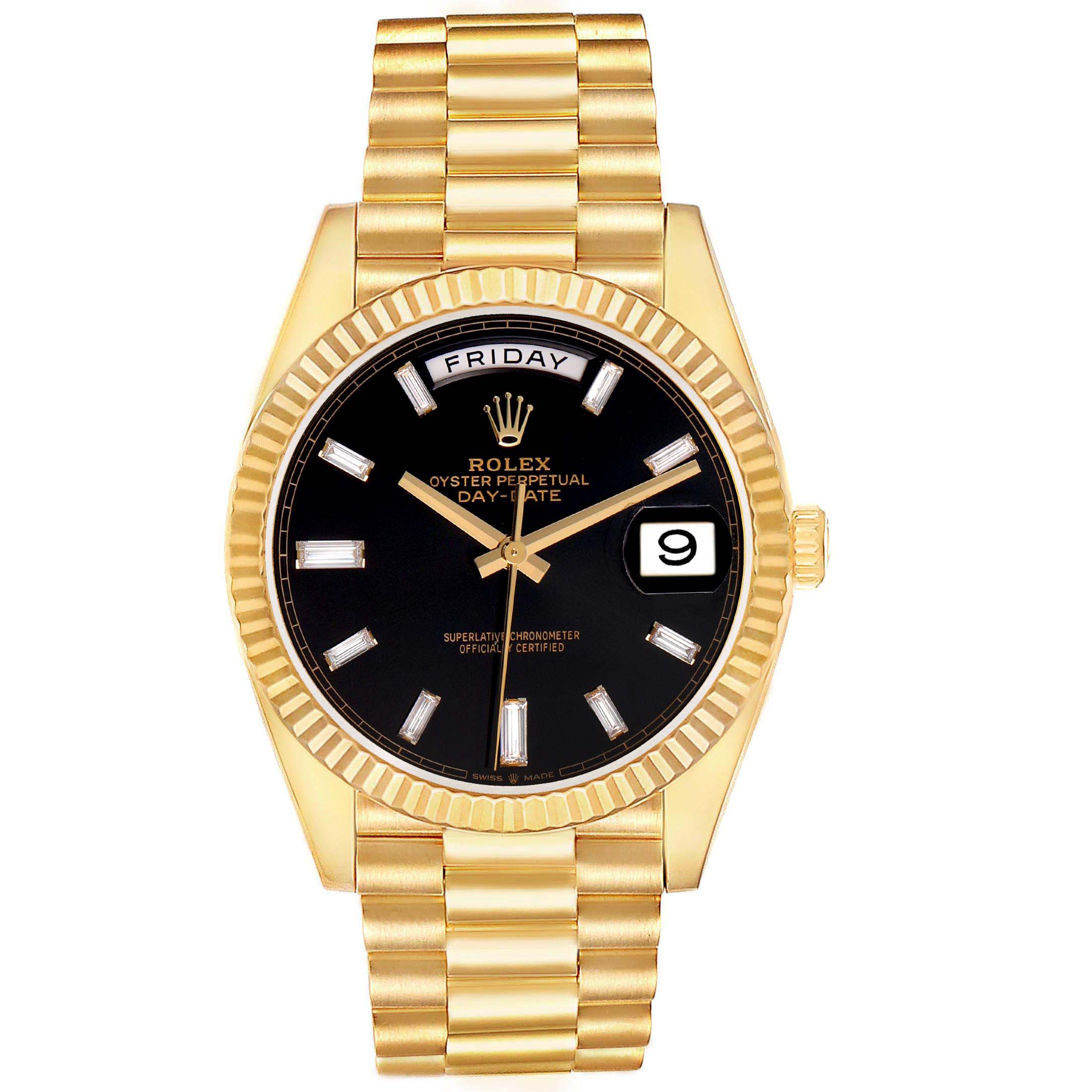 The Rolex President 228238 Men's Yellow Gold Black Dial model is shown from the front, featuring the dial, fluted bezel, day and date windows, and gold bracelet.