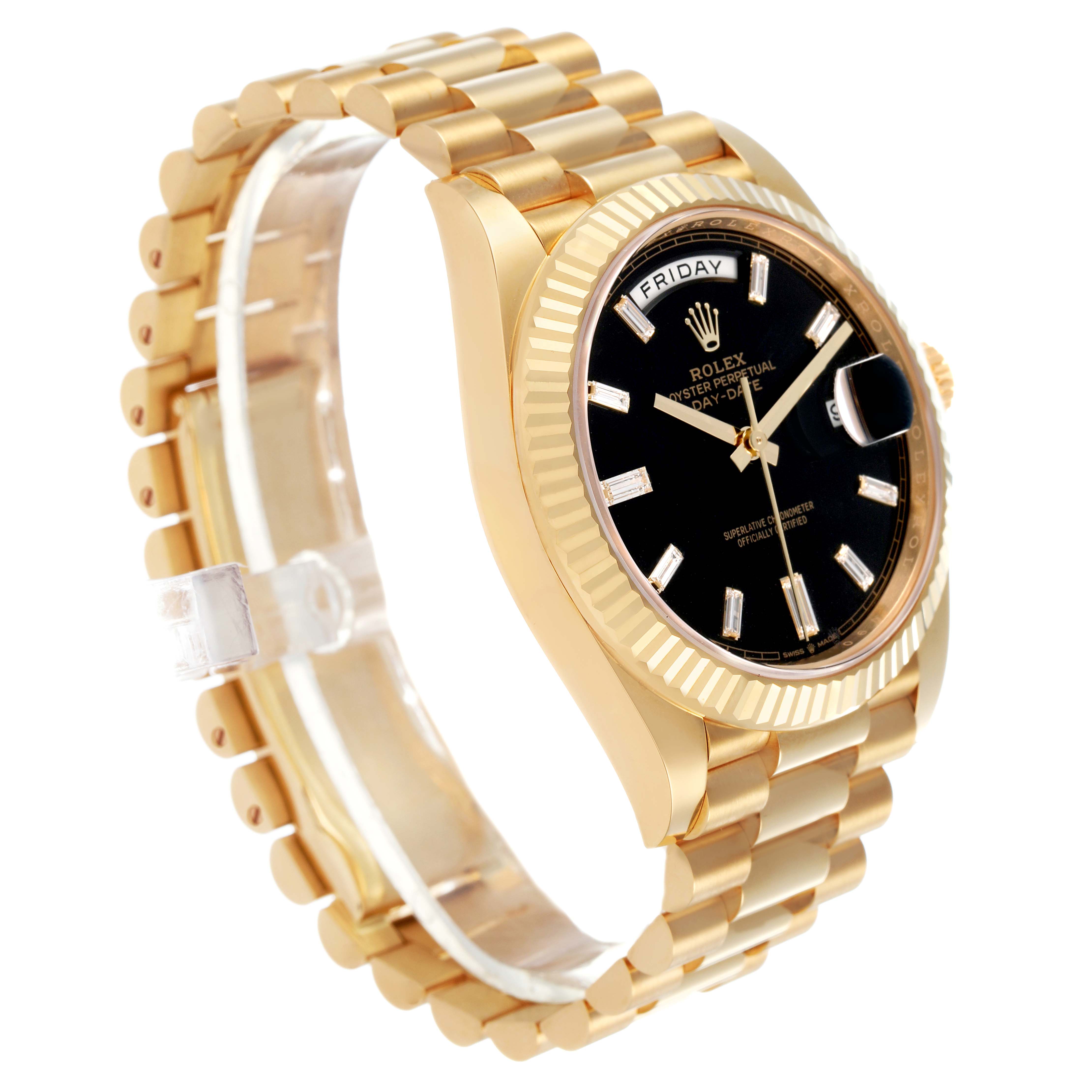 The Rolex President 228238 Men's Yellow Gold Black Dial model is shown at a three-quarter angle, highlighting its black dial, fluted bezel, and gold bracelet.