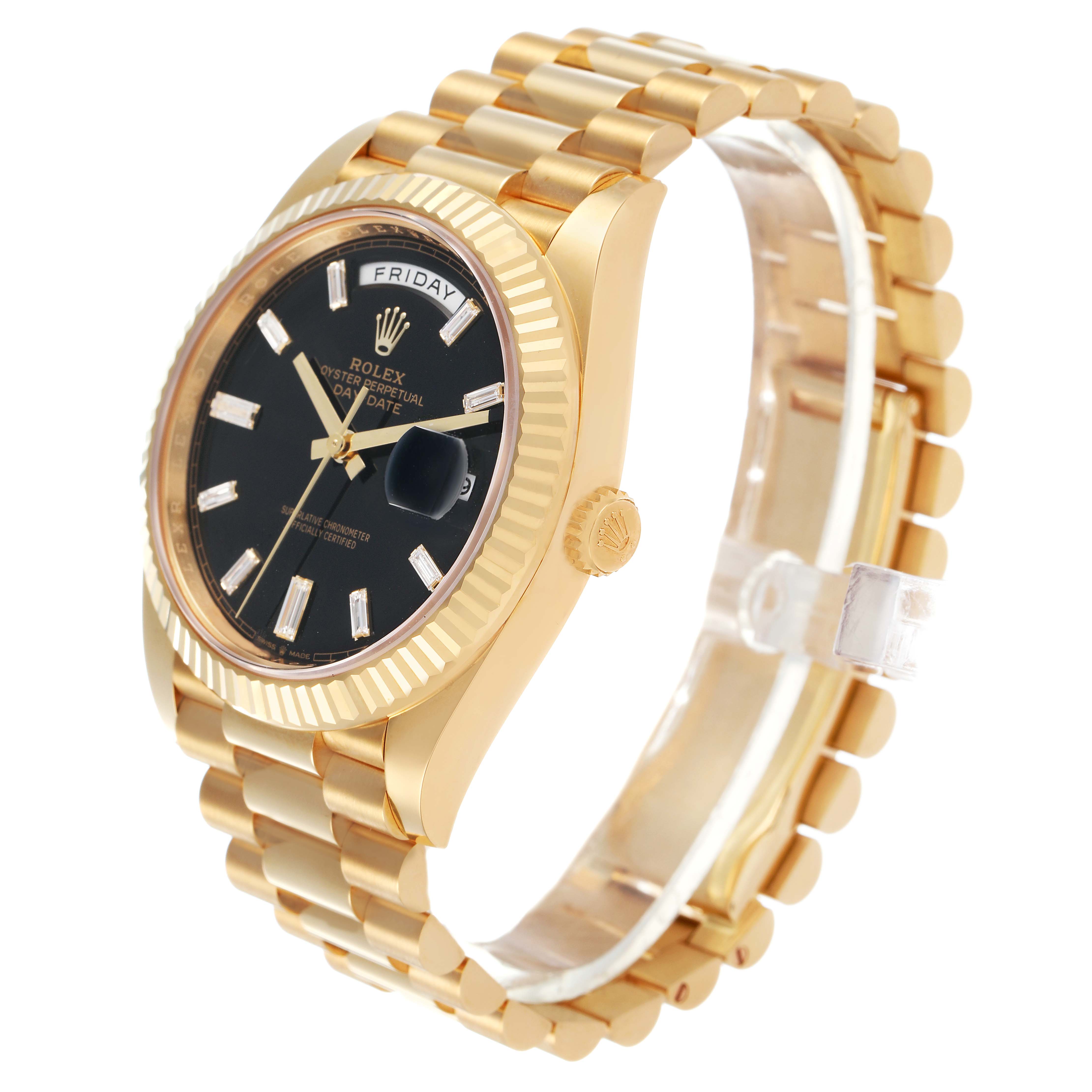 The Rolex President 228238 Men's Yellow Gold Black Dial model is shown at an angled side view, highlighting the bracelet, black dial, fluted bezel, and crown.