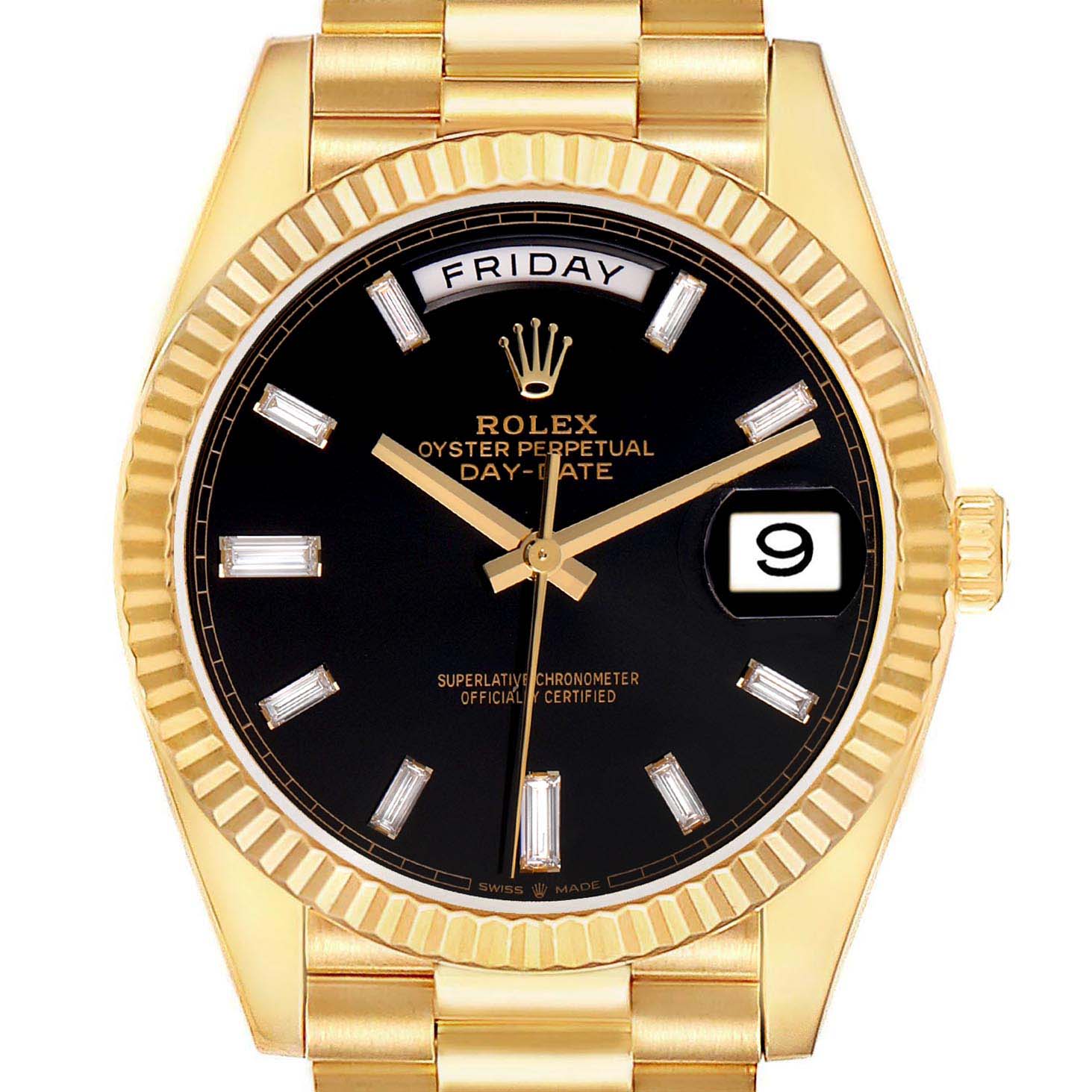 The Rolex President 228238 Men's Yellow Gold Black Dial model watch is shown from the front, highlighting its gold fluted bezel, black dial, and day-date features.