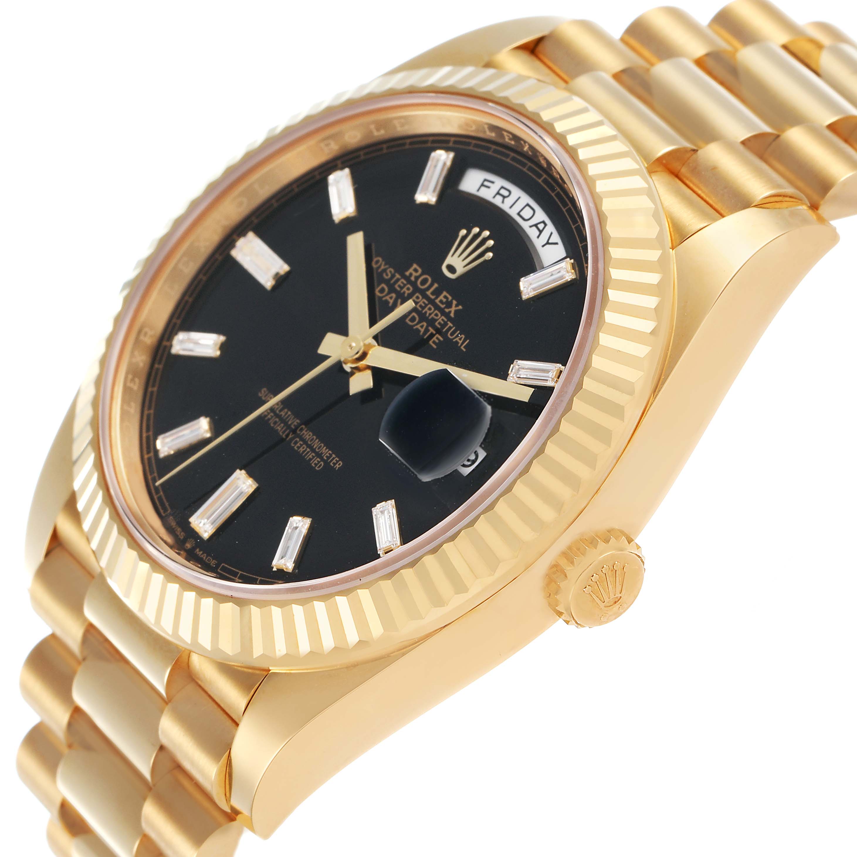 The Rolex President 228238 Men's Yellow Gold Black Dial model watch is shown at a three-quarter angle, highlighting the dial, fluted bezel, crown, and part of the bracelet.