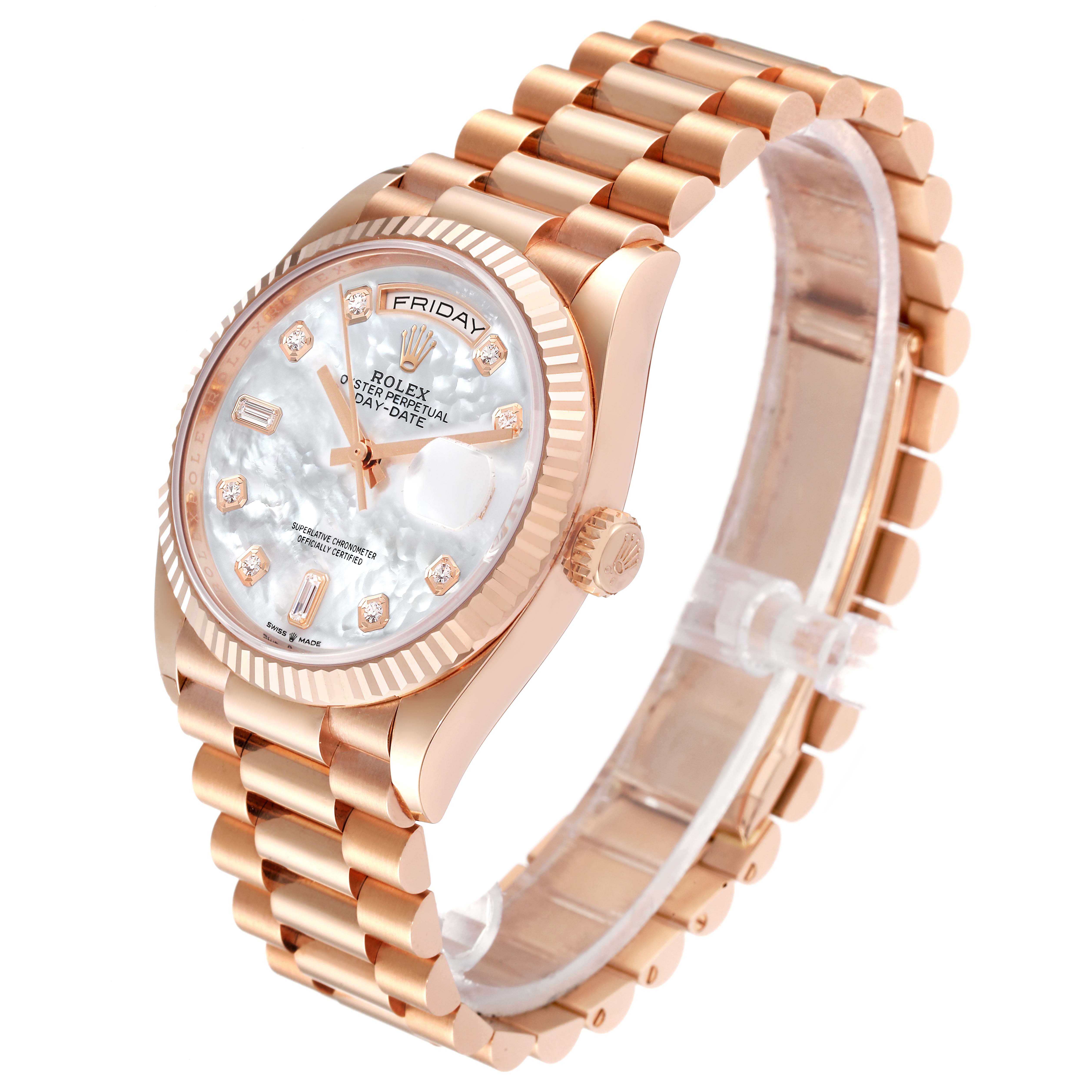 The image shows a side angle of a Rolex President 128235 Men's Rose Gold Mother of Pearl Dial 128235 Men's Rose Gold Mother of Pearl Dial model watch, highlighting its face, crown, and bracelet.