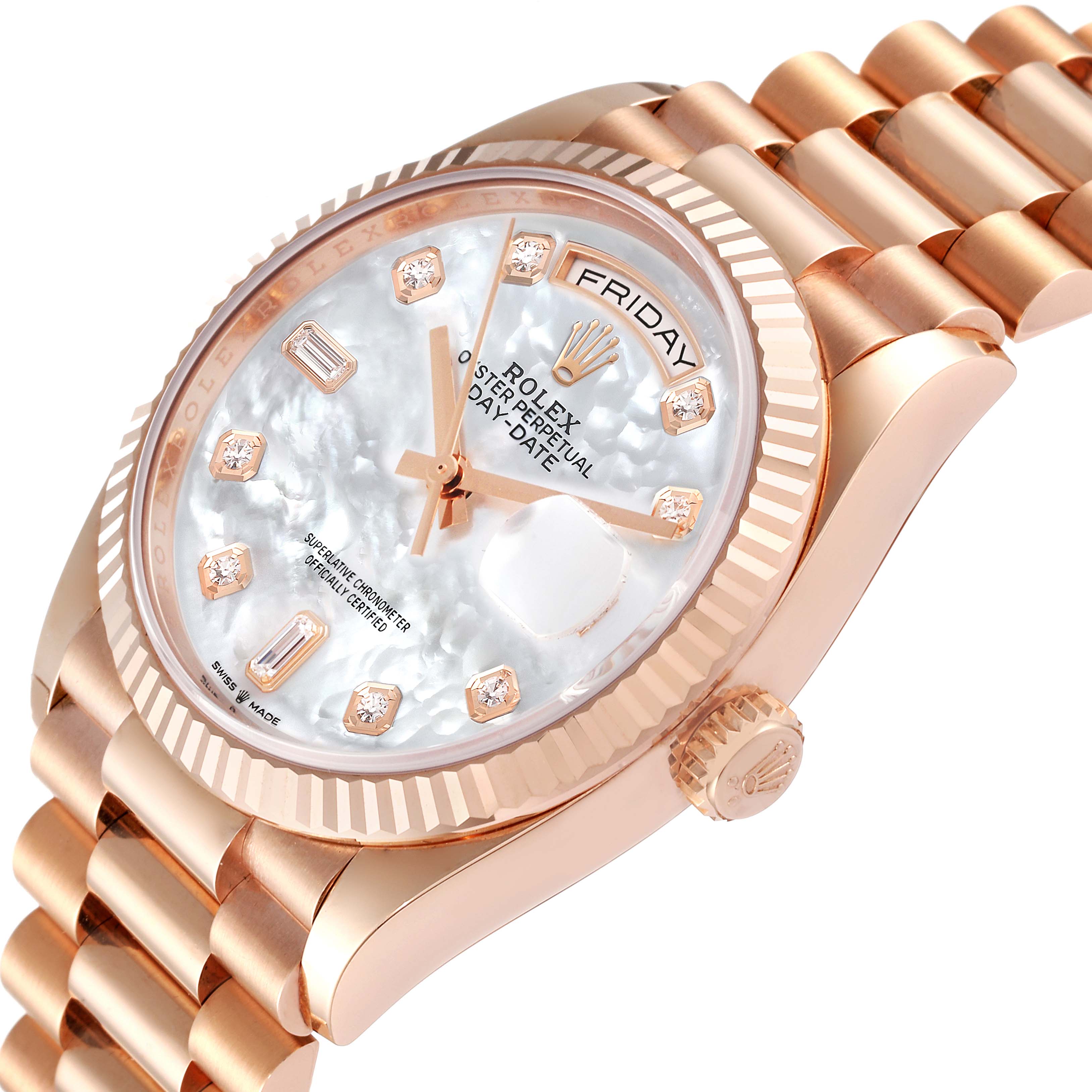 This image shows a close-up of a Rolex President 128235 Men's Rose Gold Mother of Pearl Dial 128235 Men's Rose Gold Mother of Pearl Dial model watch, highlighting its face, bezel, and part of the bracelet band.