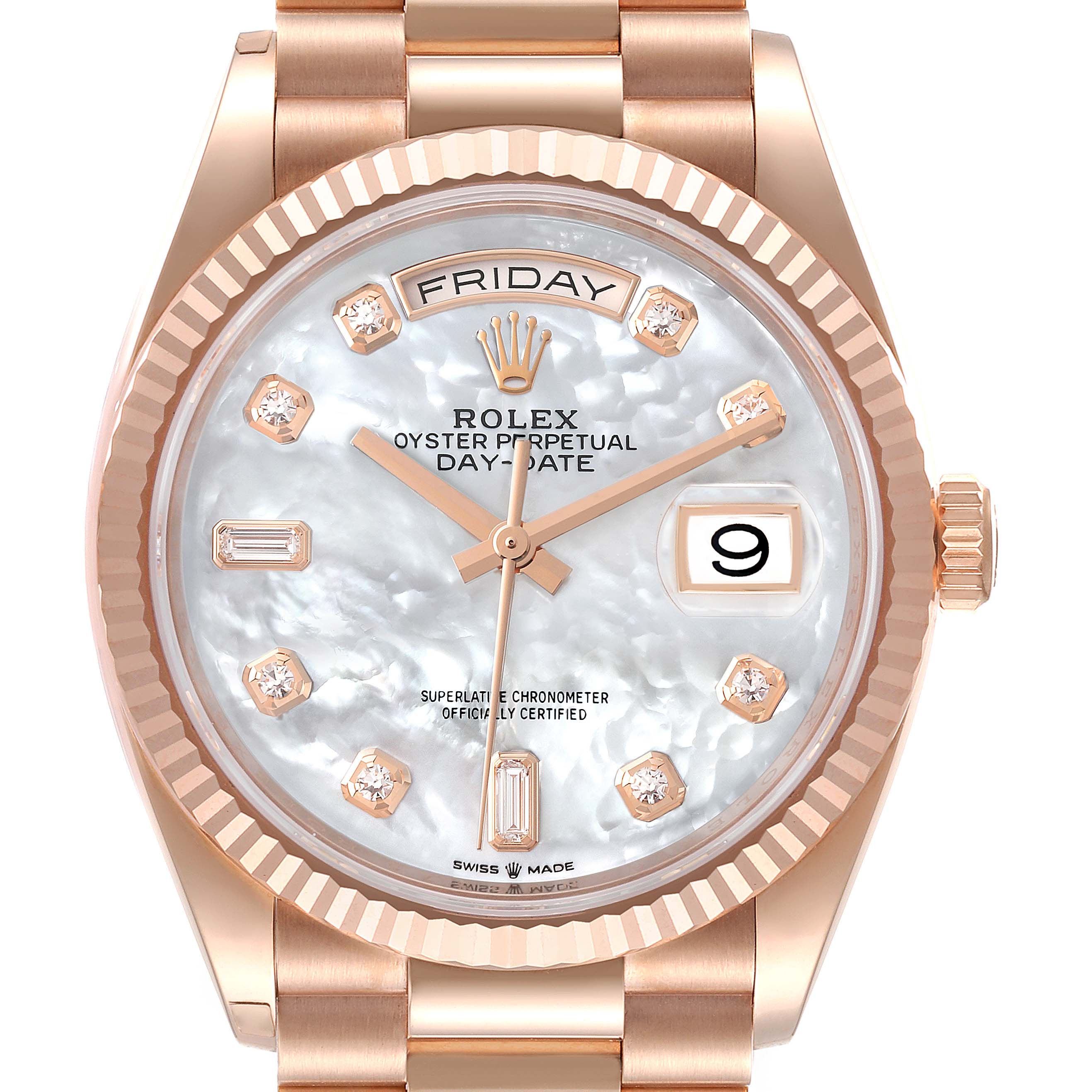 This is a close-up, front-facing view of a Rolex President 128235 Men's Rose Gold Mother of Pearl Dial 128235 Men's Rose Gold Mother of Pearl Dial model watch, showcasing the dial, hands, and date window.