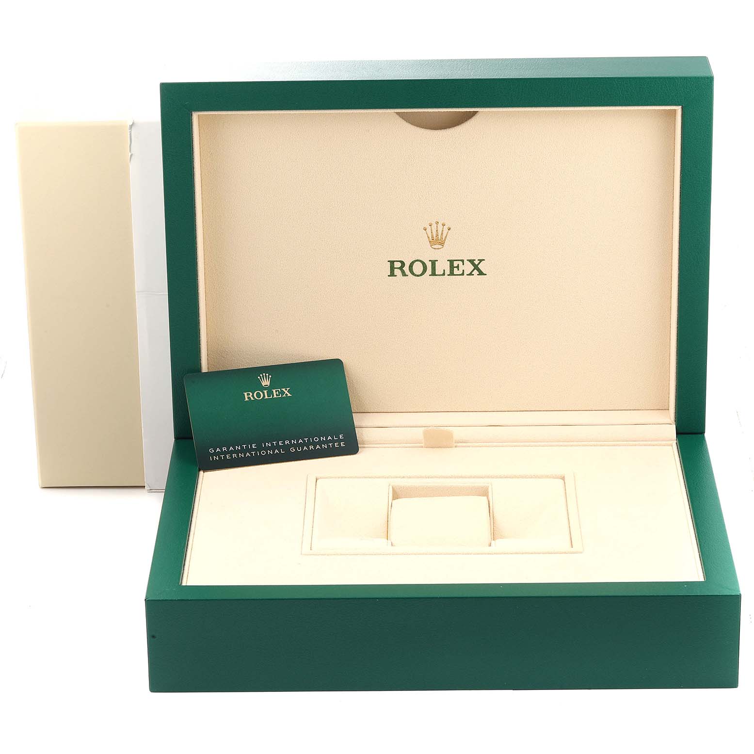 The image shows an open green and beige Rolex box and a warranty card for the Rolex President 128235 Men's Rose Gold Mother of Pearl Dial 128235 Men's Rose Gold Mother of Pearl Dial model.