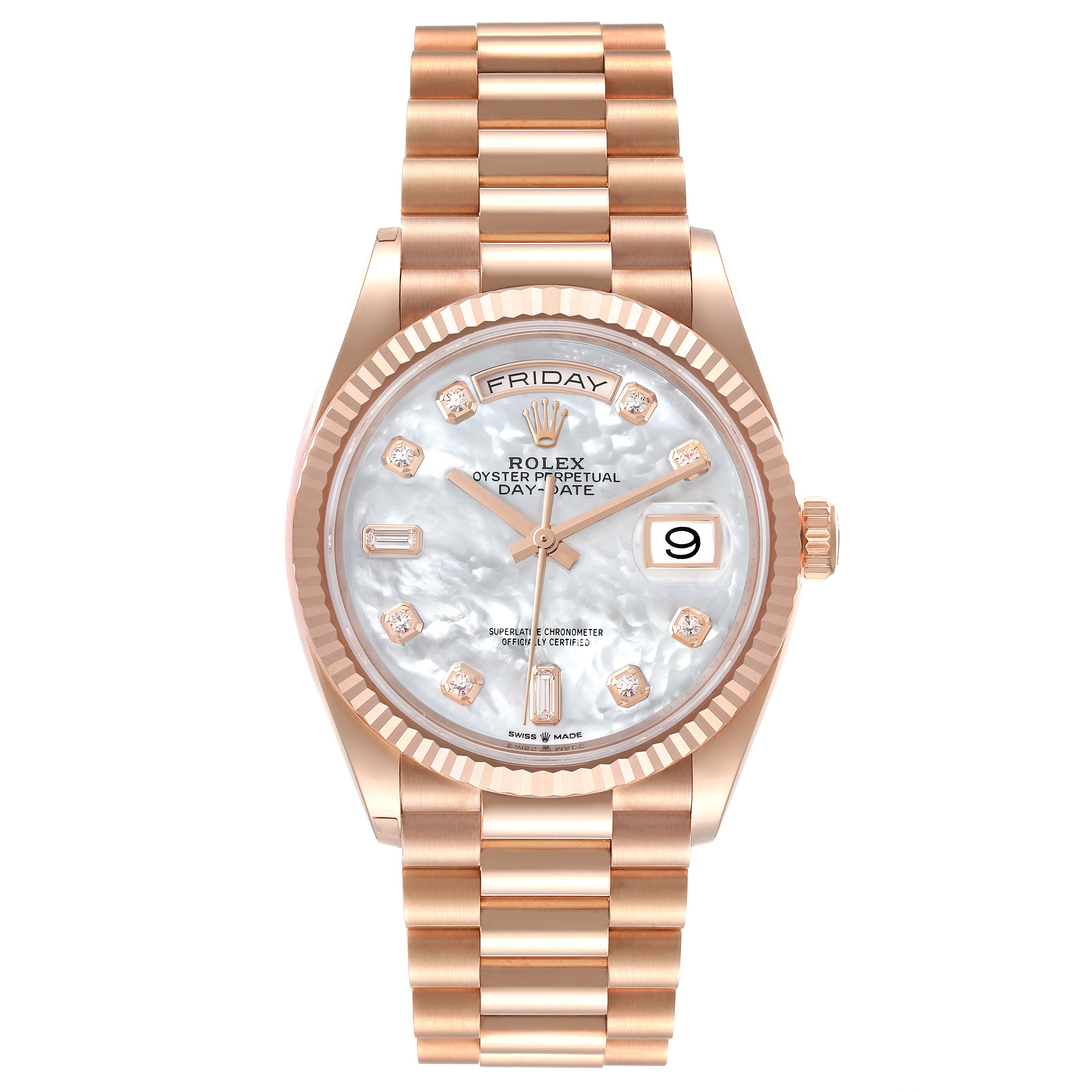 The image shows a front view of a Rolex President 128235 Men's Rose Gold Mother of Pearl Dial 128235 Men's Rose Gold Mother of Pearl Dial model watch, displaying its dial, bezel, crown, and bracelet.