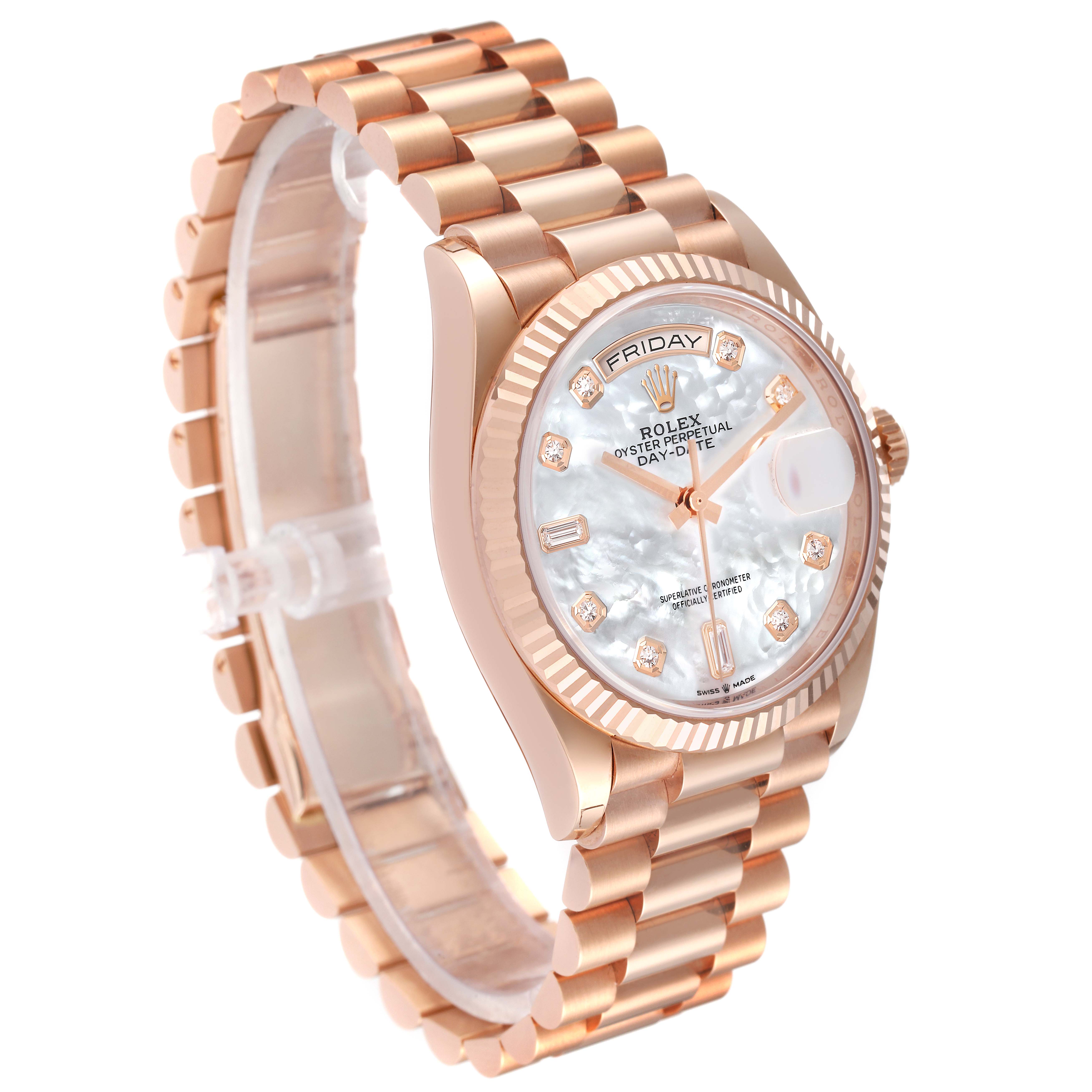 The Rolex President 128235 Men's Rose Gold Mother of Pearl Dial 128235 Men's Rose Gold Mother of Pearl Dial model watch is shown at an angled view, highlighting the dial, bezel, and oyster bracelet.