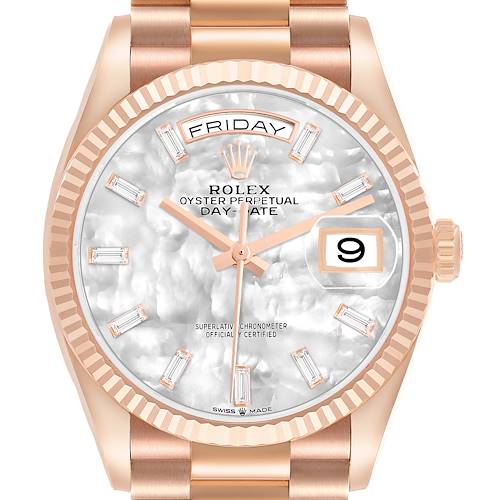 Photo of Rolex President Day-Date Rose Gold MOP Diamond Dial Mens Watch 128235 Box Card