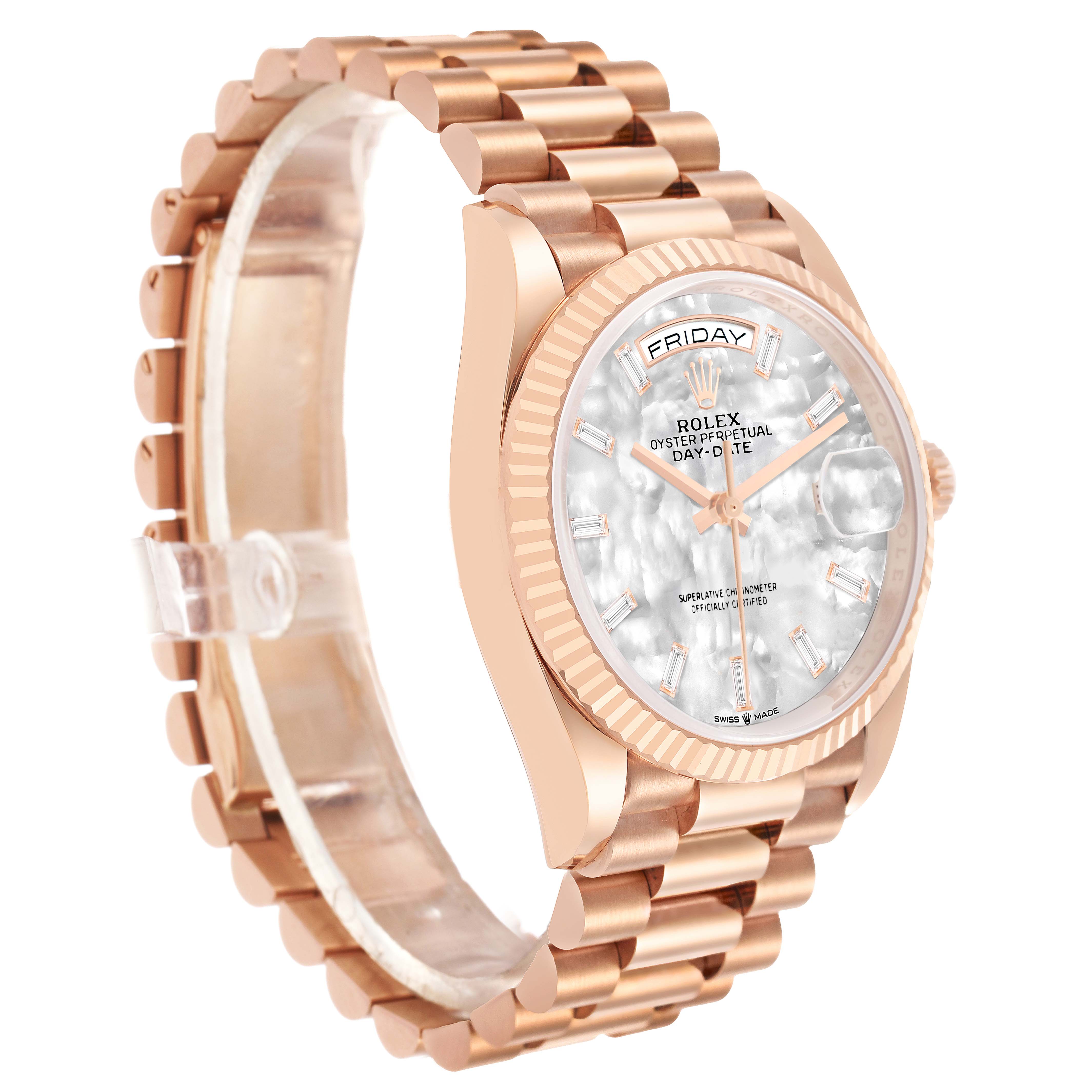 The Rolex President 128235 Men's Rose Gold Mother of Pearl Dial watch is shown at a slight angle, displaying the bracelet, bezel, and face with day-date features.