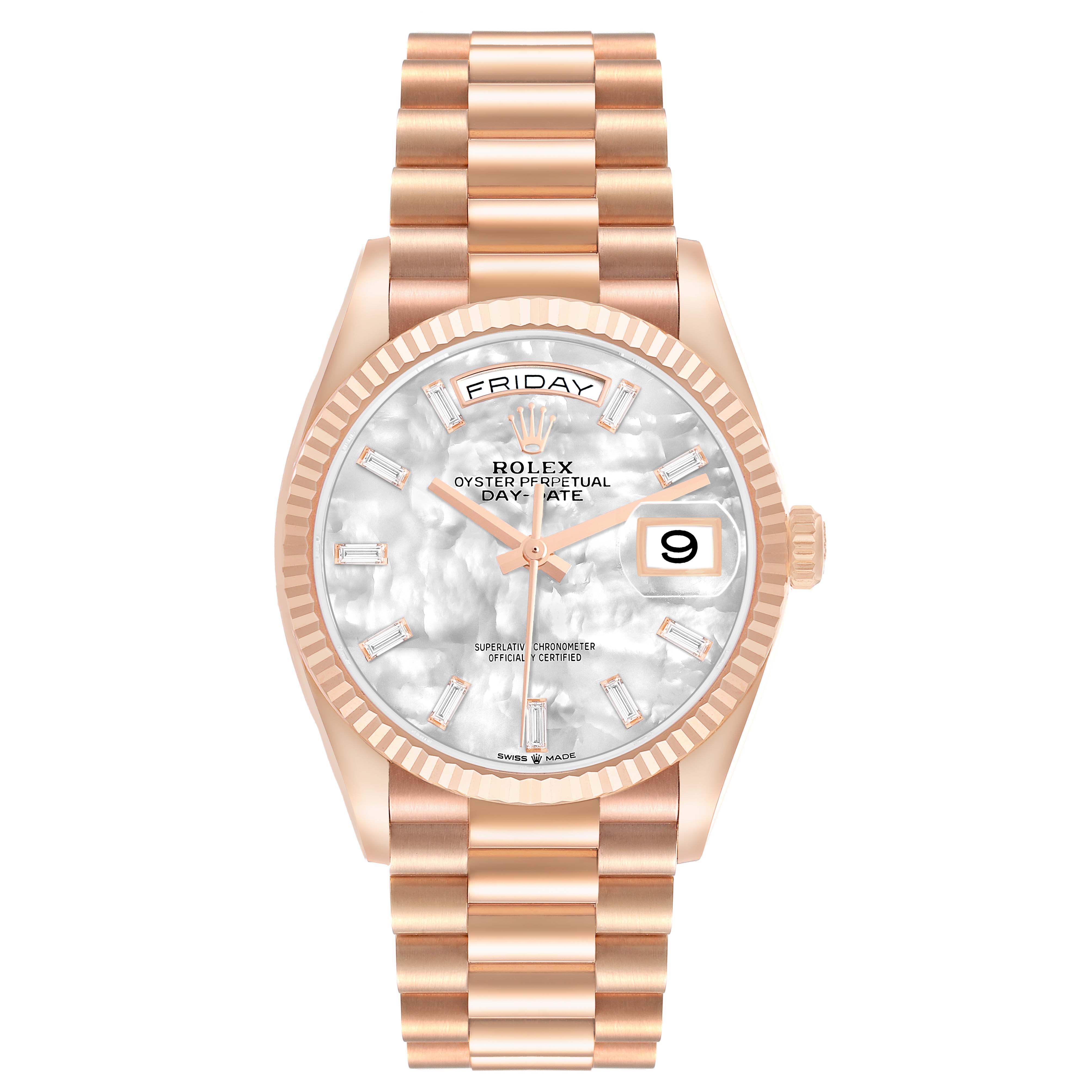 The Rolex President 128235 Men's Rose Gold Mother of Pearl Dial model is shown from a frontal angle, displaying its dial, bracelet, bezel, and date window.